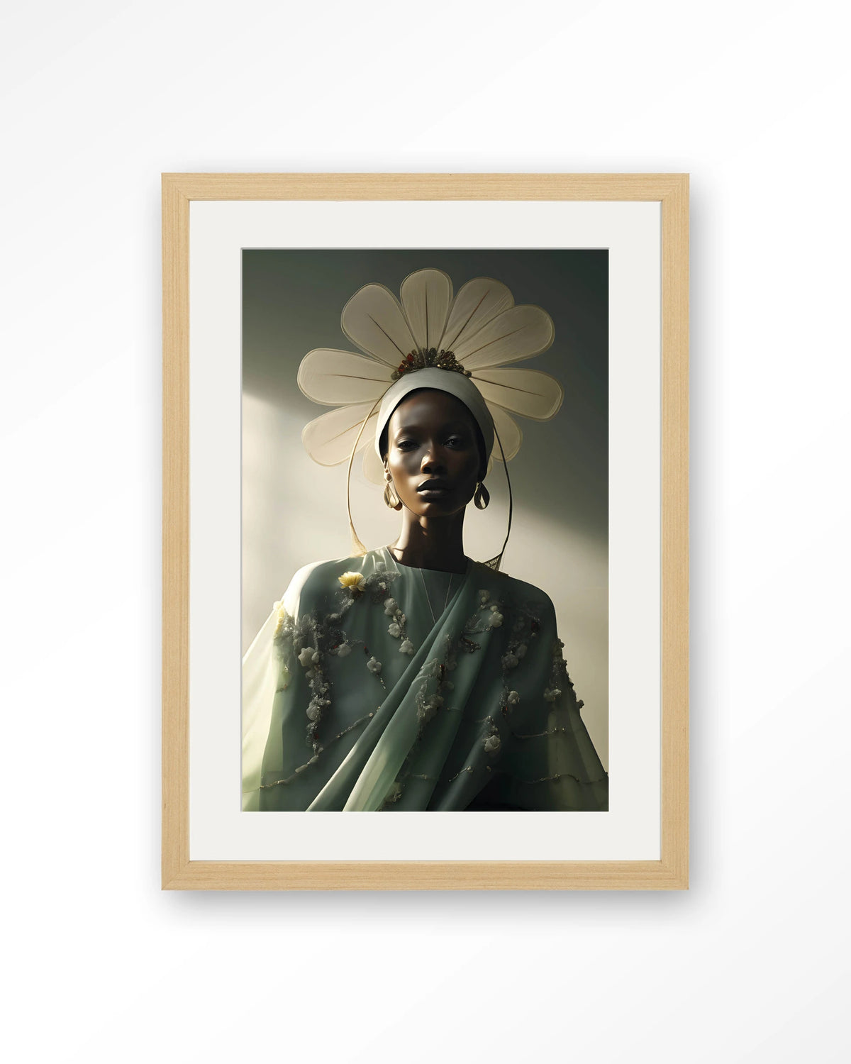 Design 241 – vrouw met bloemenkroon, groen – Art print – Hout naturel + passe-partout
