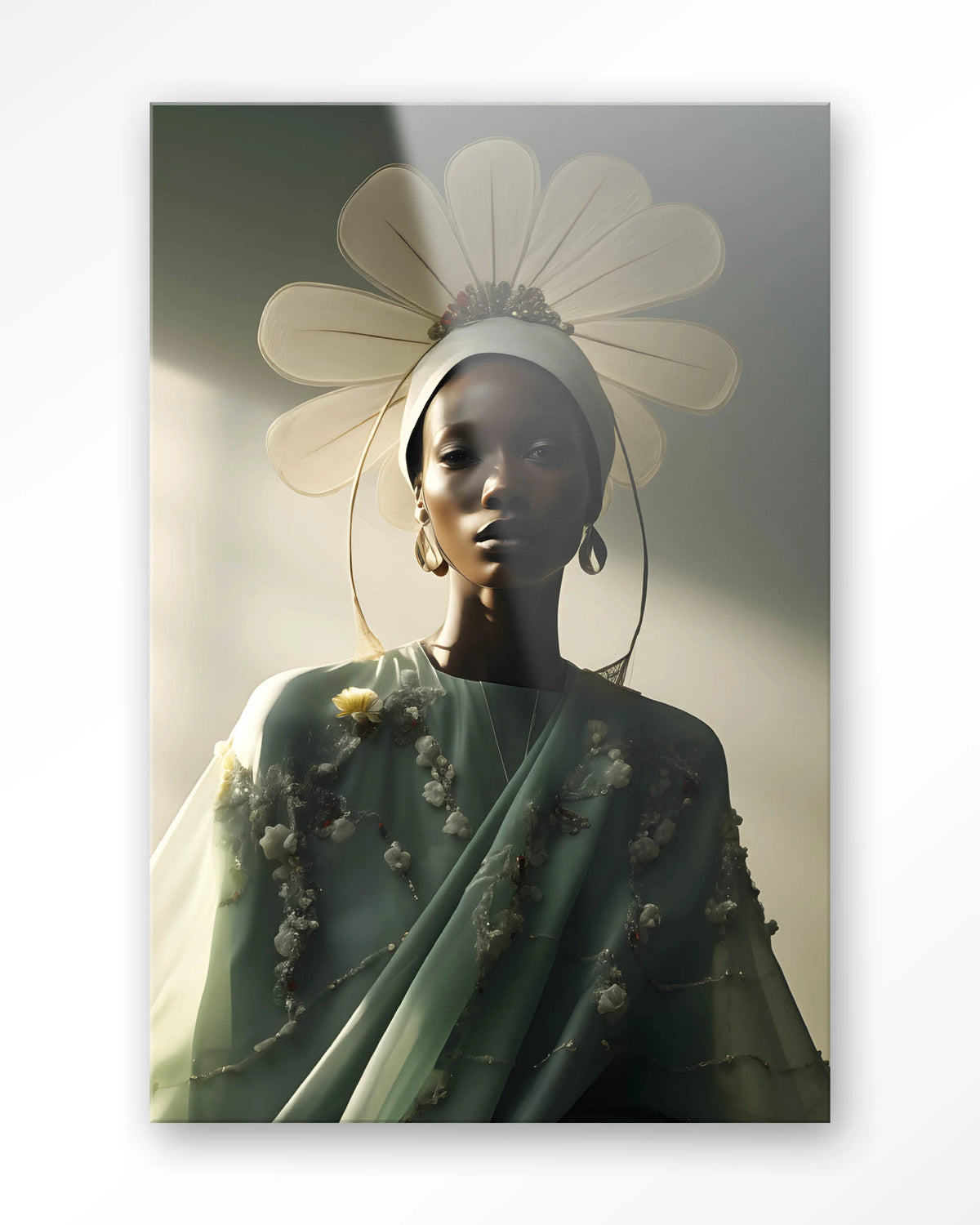 Editorial Flower – modeportret met bloemhoed in groen – Glas – Blinde montage