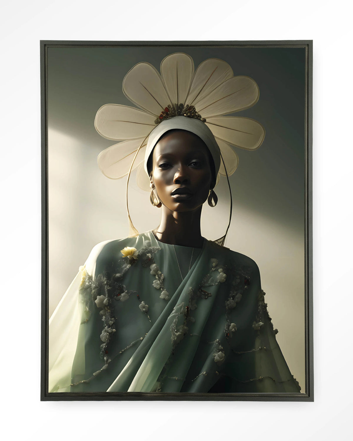 Design 241 – vrouw met bloemenkroon, groen – Wandkleed – Floating frame – zwart
