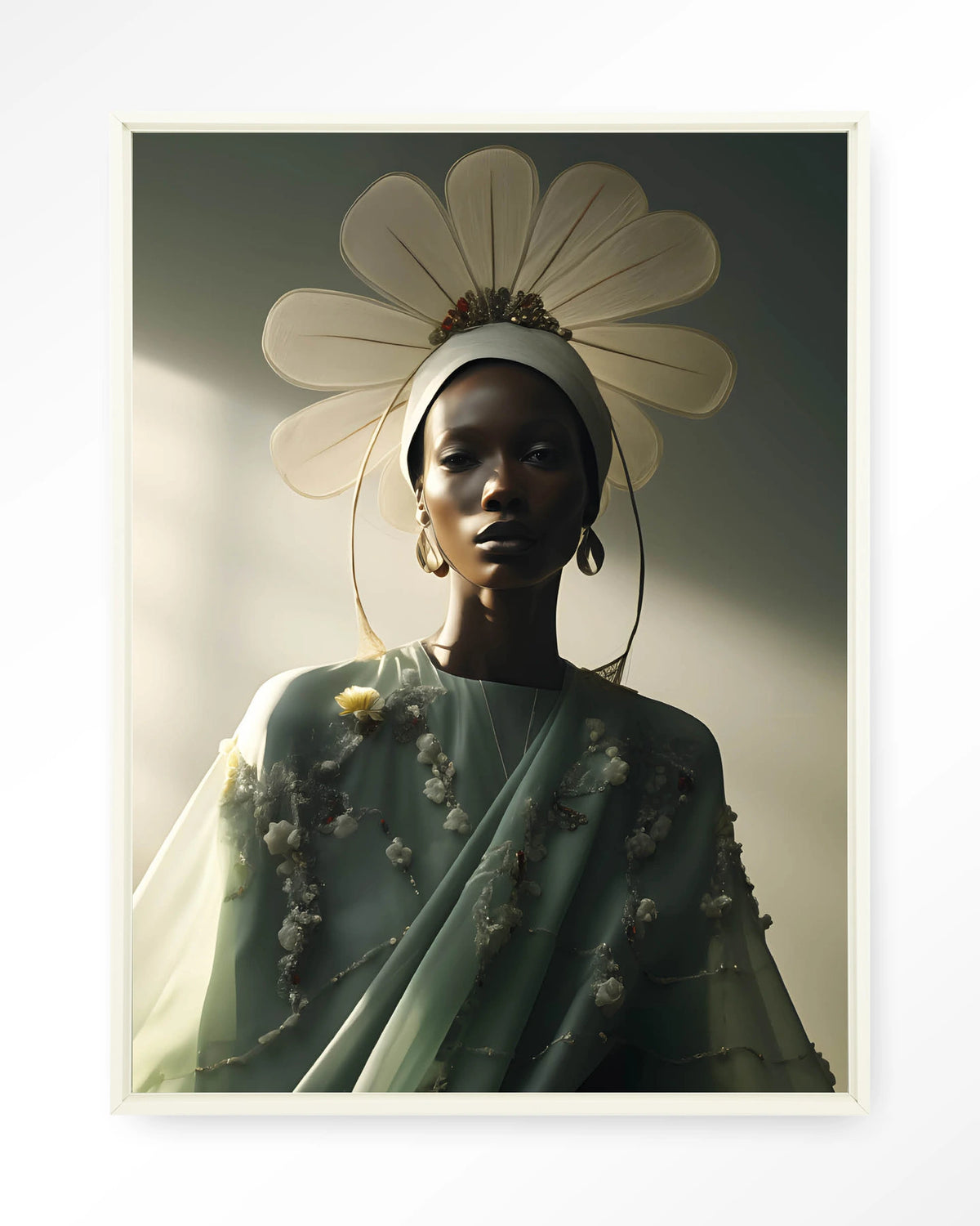 Editorial Flower – modeportret met bloemhoed in groen – Wandkleed – Floating frame – wit