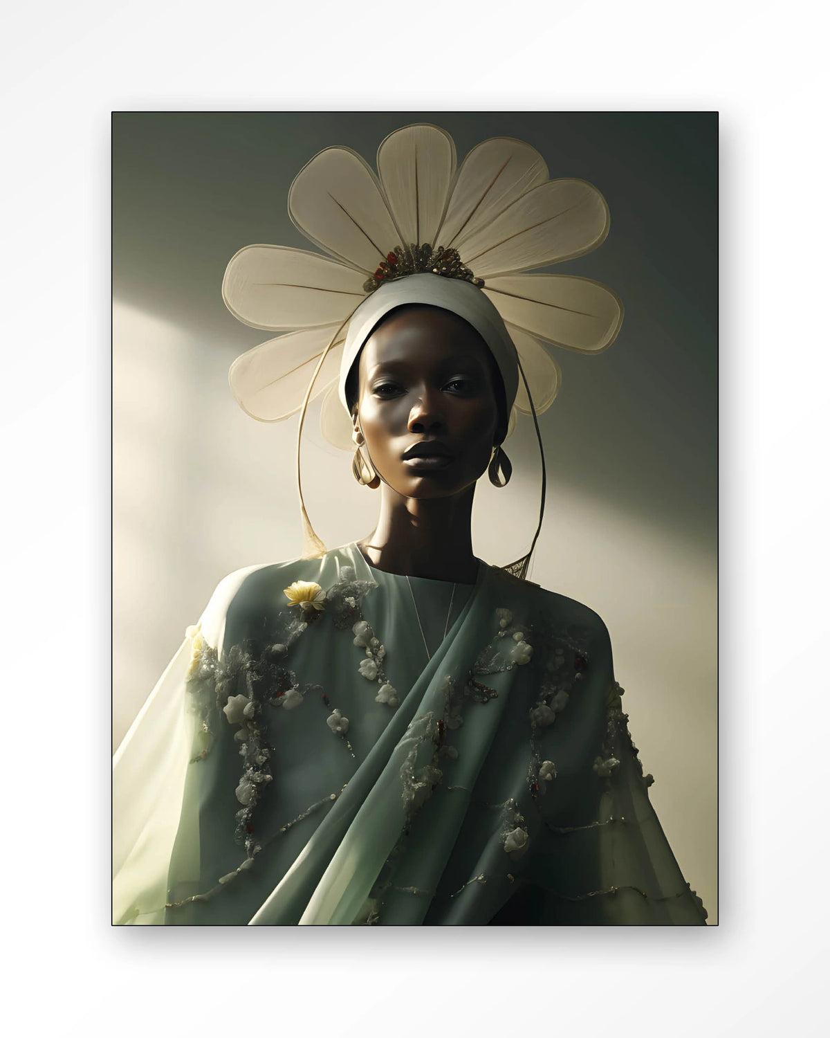 Editorial Flower – modeportret met bloemhoed in groen – Wandkleed – Frame – zwart