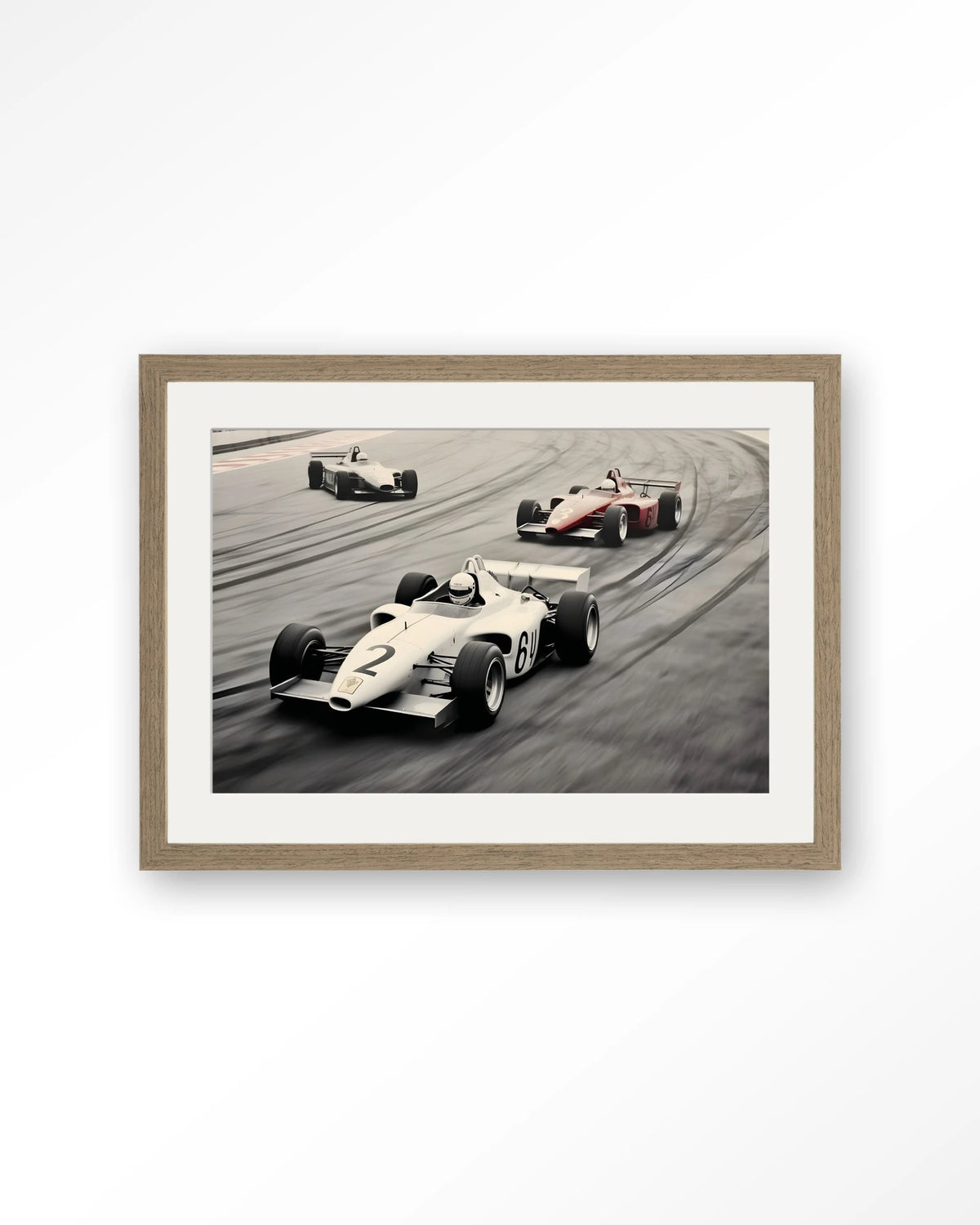 Race Track – formule 1-auto's op racebaan – Art print – Hout bruin + passe-partout