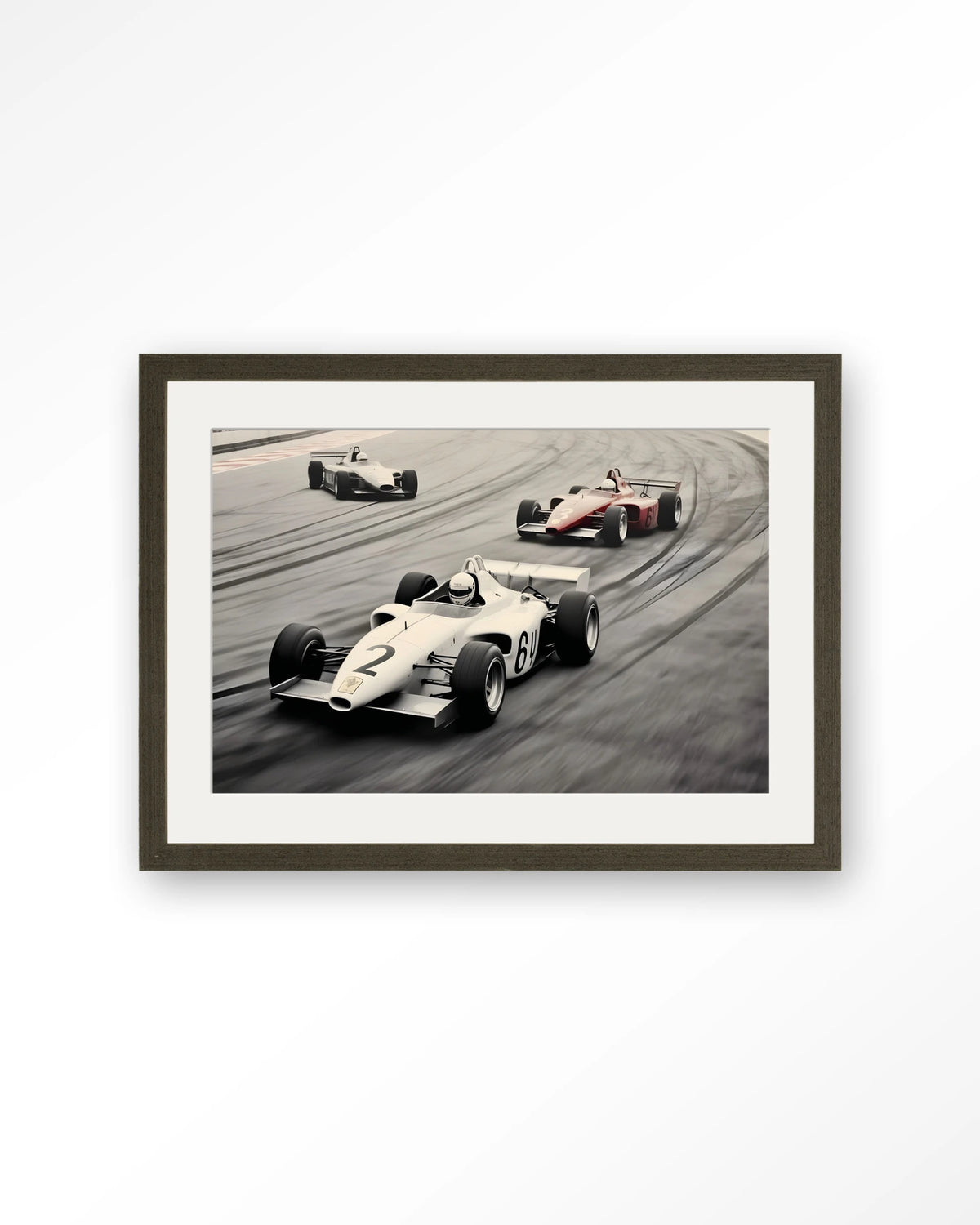 Race Track – formule 1-auto's op racebaan – Art print – Hout donkerbruin + passe-partout