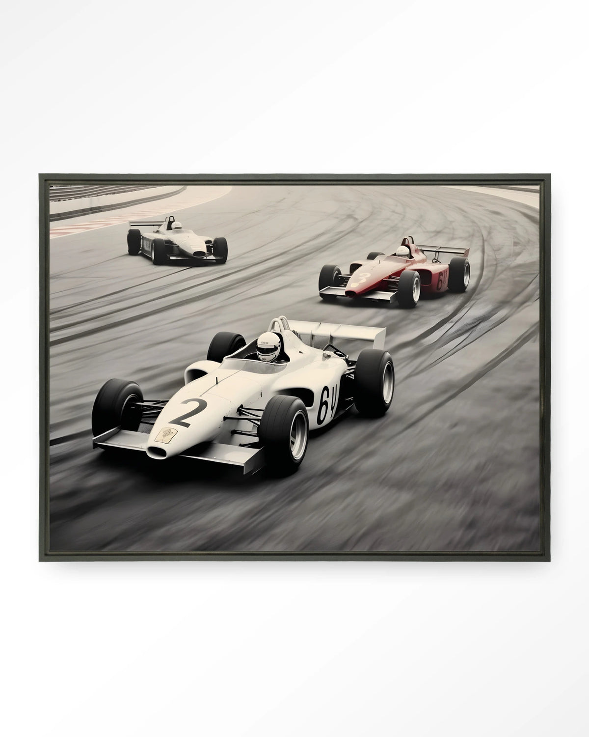 Race Track – formule 1-auto's op racebaan – Wandkleed – Floating frame – zwart