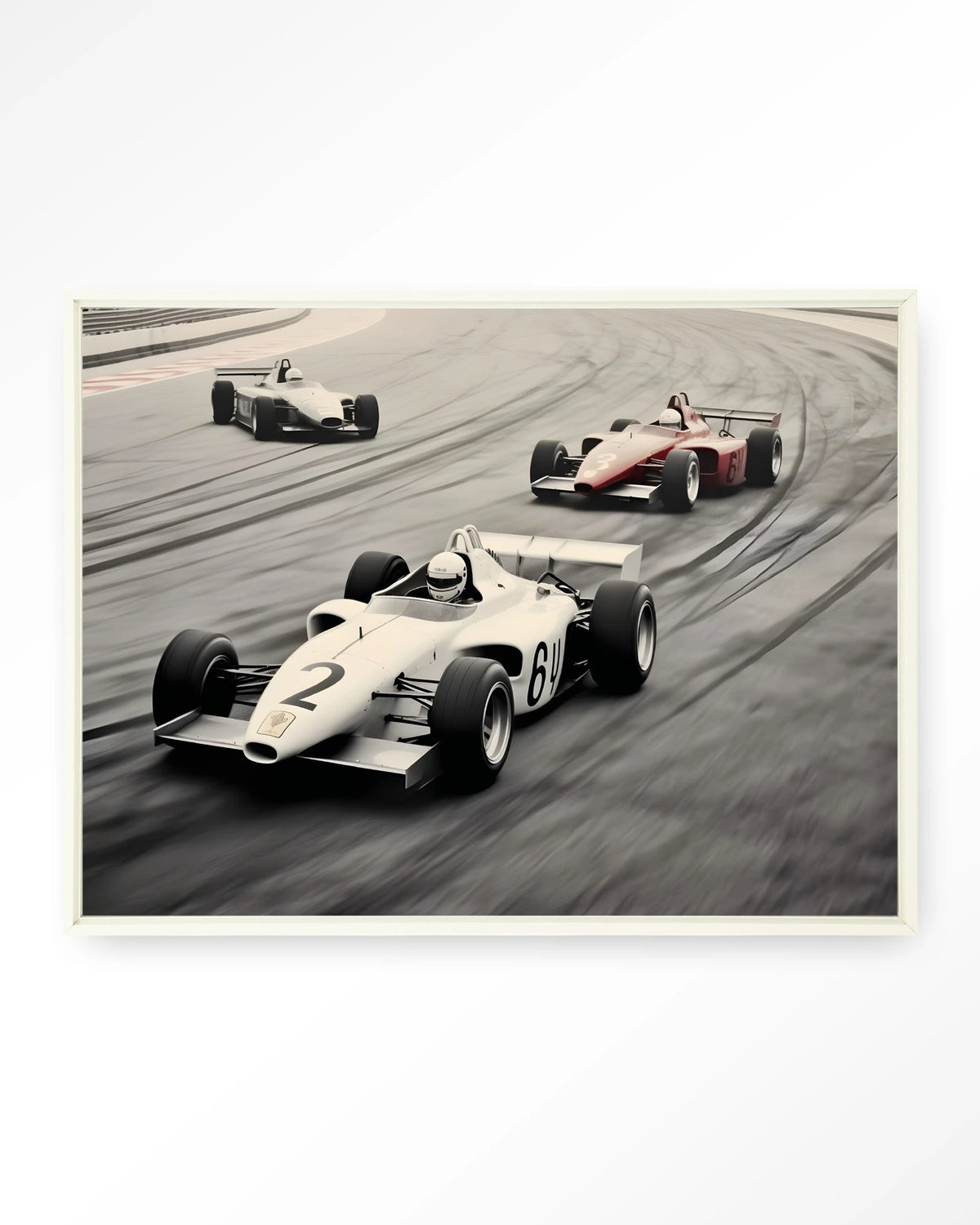 Race Track – formule 1-auto's op racebaan – Wandkleed – Floating frame – wit