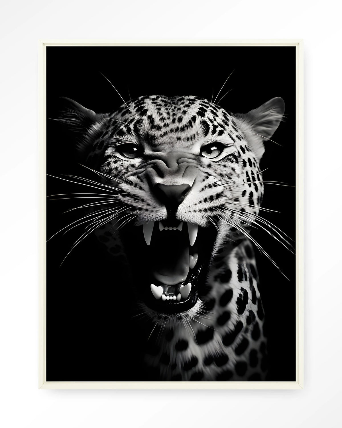 Rawr Cheetah – brullende luipaard in zwart-wit – Wandkleed – Floating frame – wit