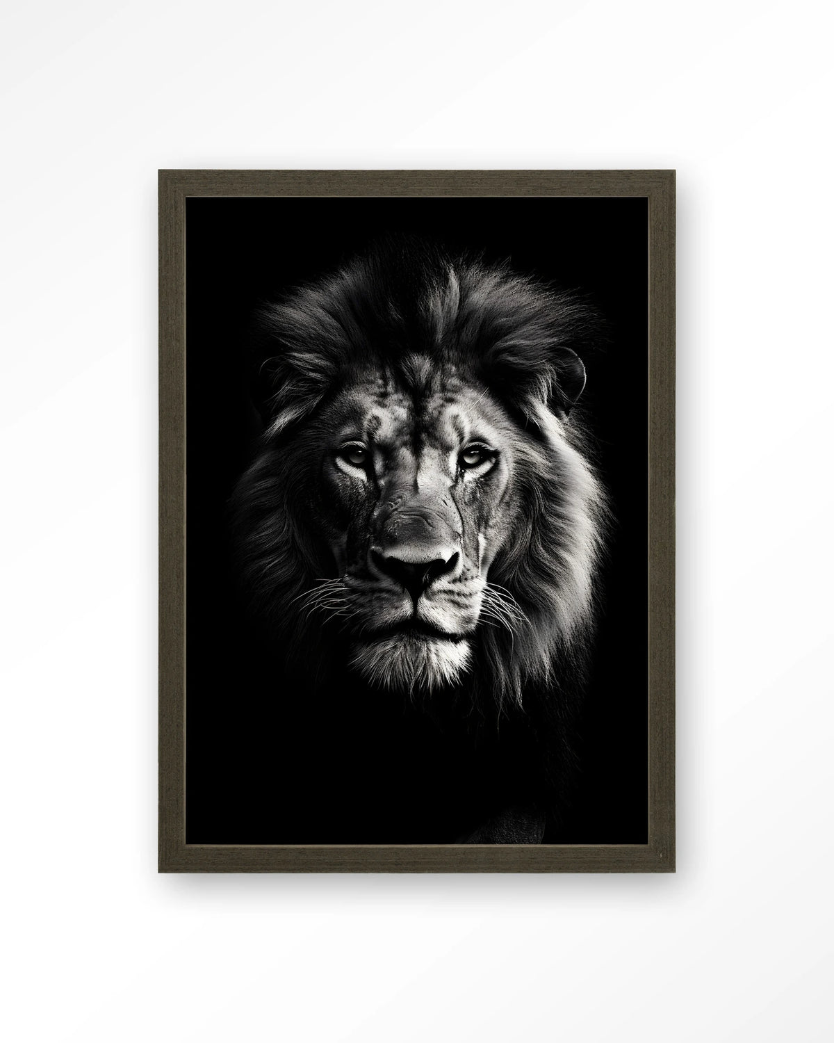 Mighty Lion – leeuw in zwart-wit – Art print – Hout donkerbruin
