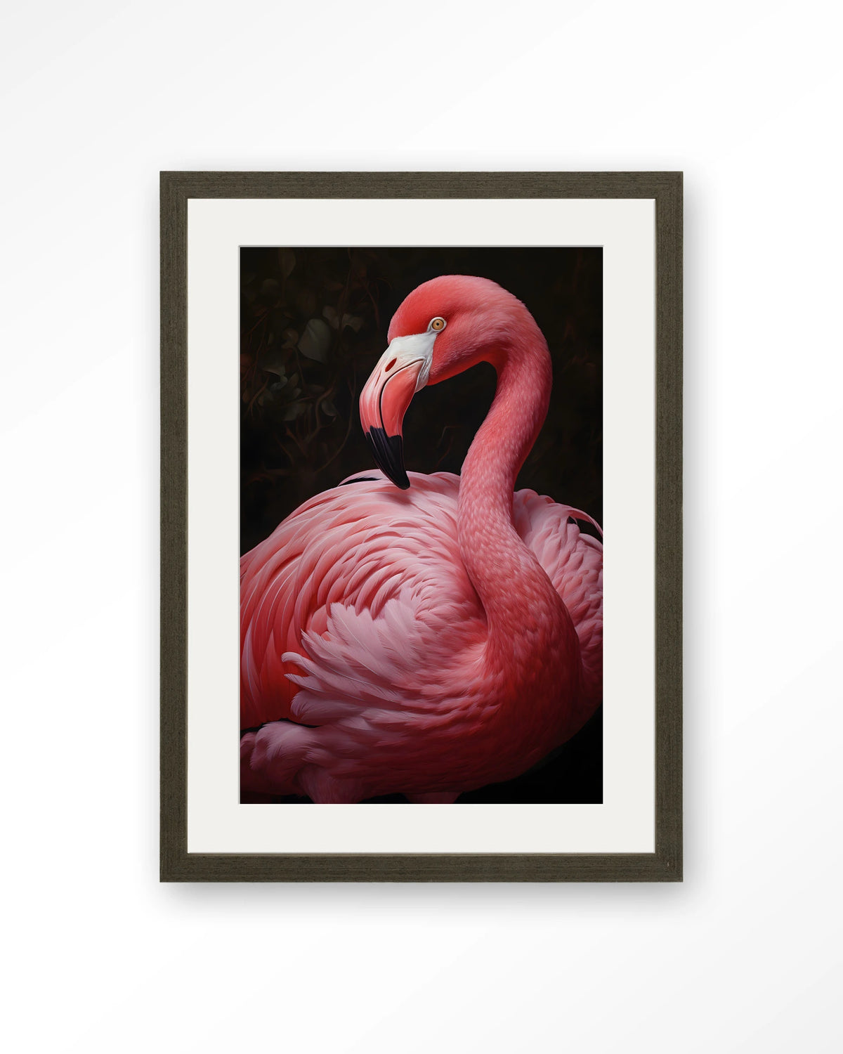 Pink Flamingo – roze flamingo – Art print – Hout donkerbruin + passe-partout