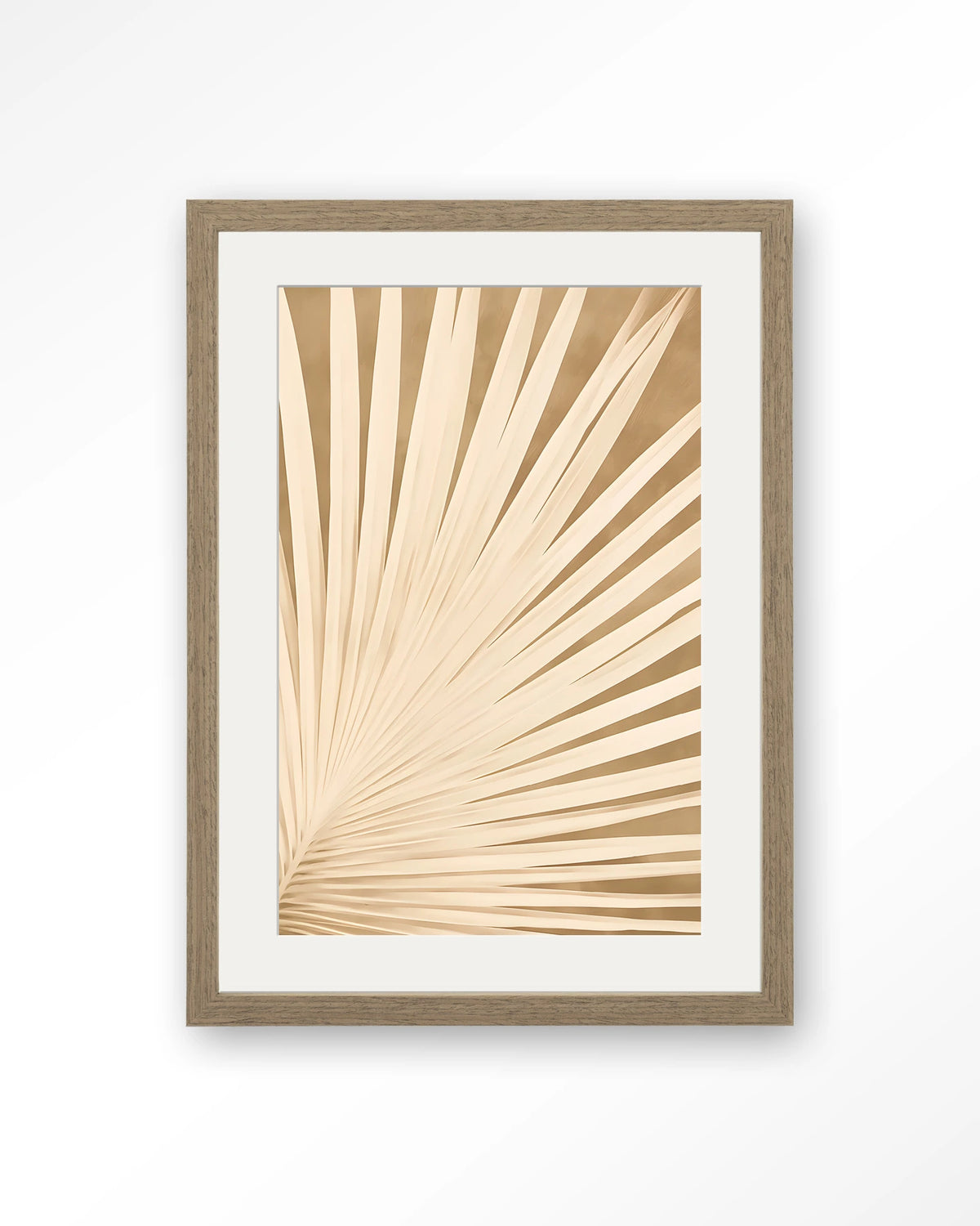 Beleaf – palmblad in beige – Art print – Hout bruin + passe-partout