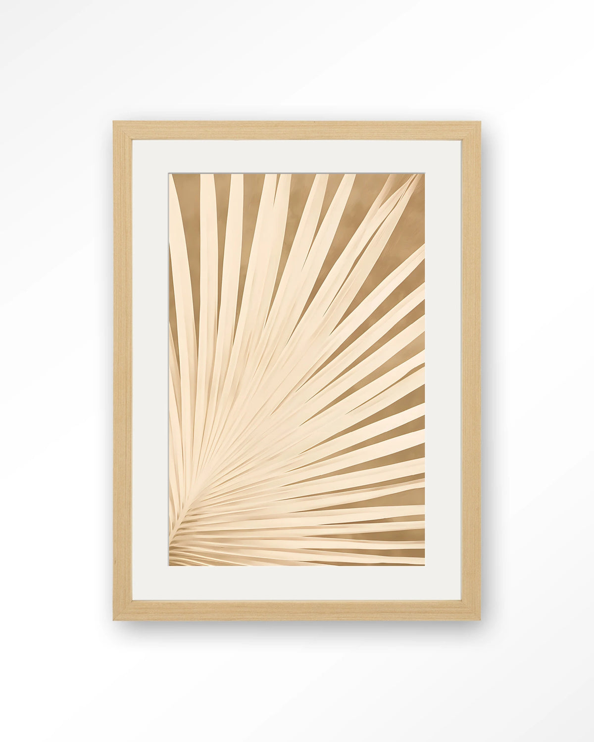 Beleaf – palmblad in beige – Art print – Hout naturel + passe-partout