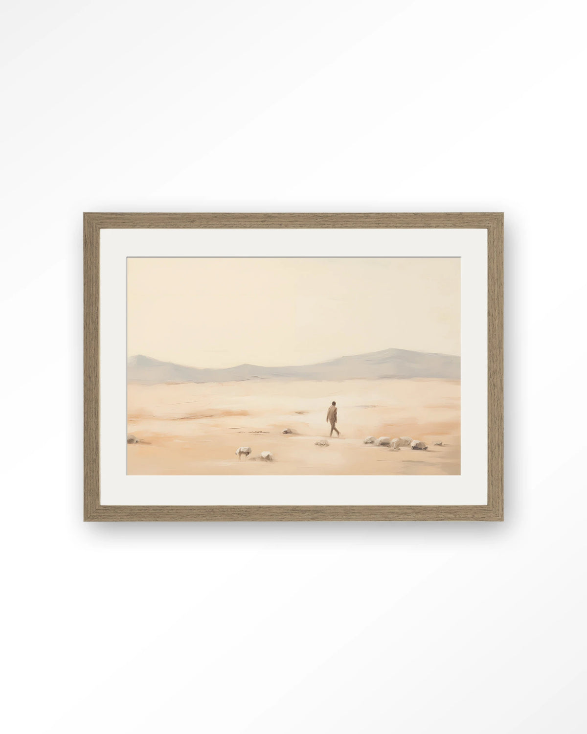 Shepherd Horizontaal – herder in woestijnlandschap – Art print – Hout bruin + passe-partout