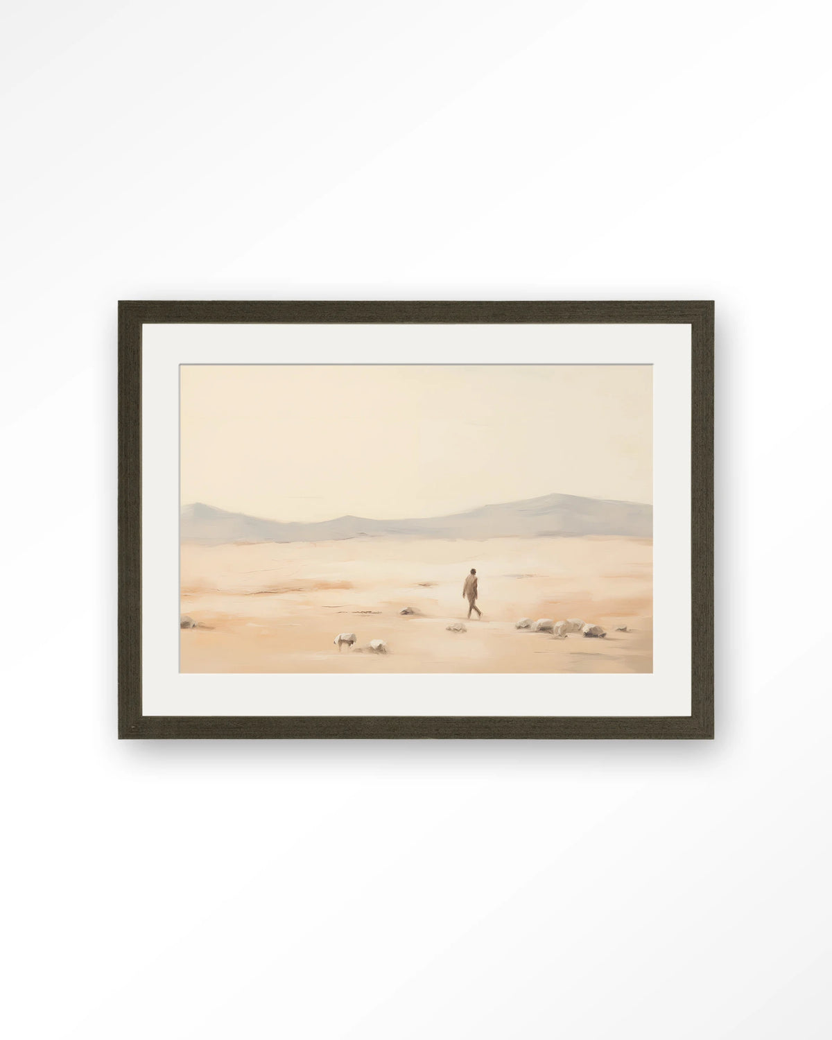 Shepherd Horizontaal – herder in woestijnlandschap – Art print – Hout donkerbruin + passe-partout