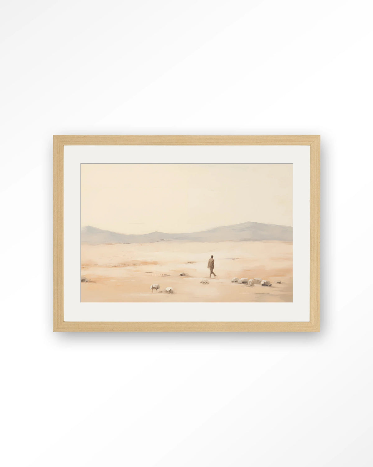 Shepherd Horizontaal – herder in woestijnlandschap – Art print – Hout naturel + passe-partout
