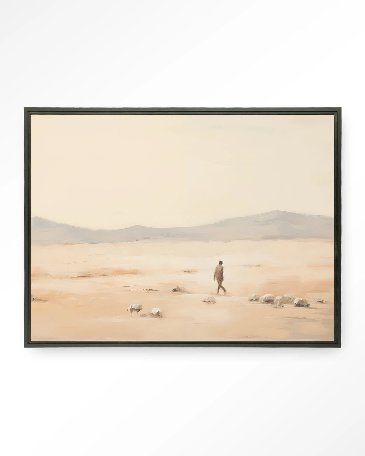 Shepherd Horizontaal – herder in woestijnlandschap – Wandkleed – Floating frame – zwart