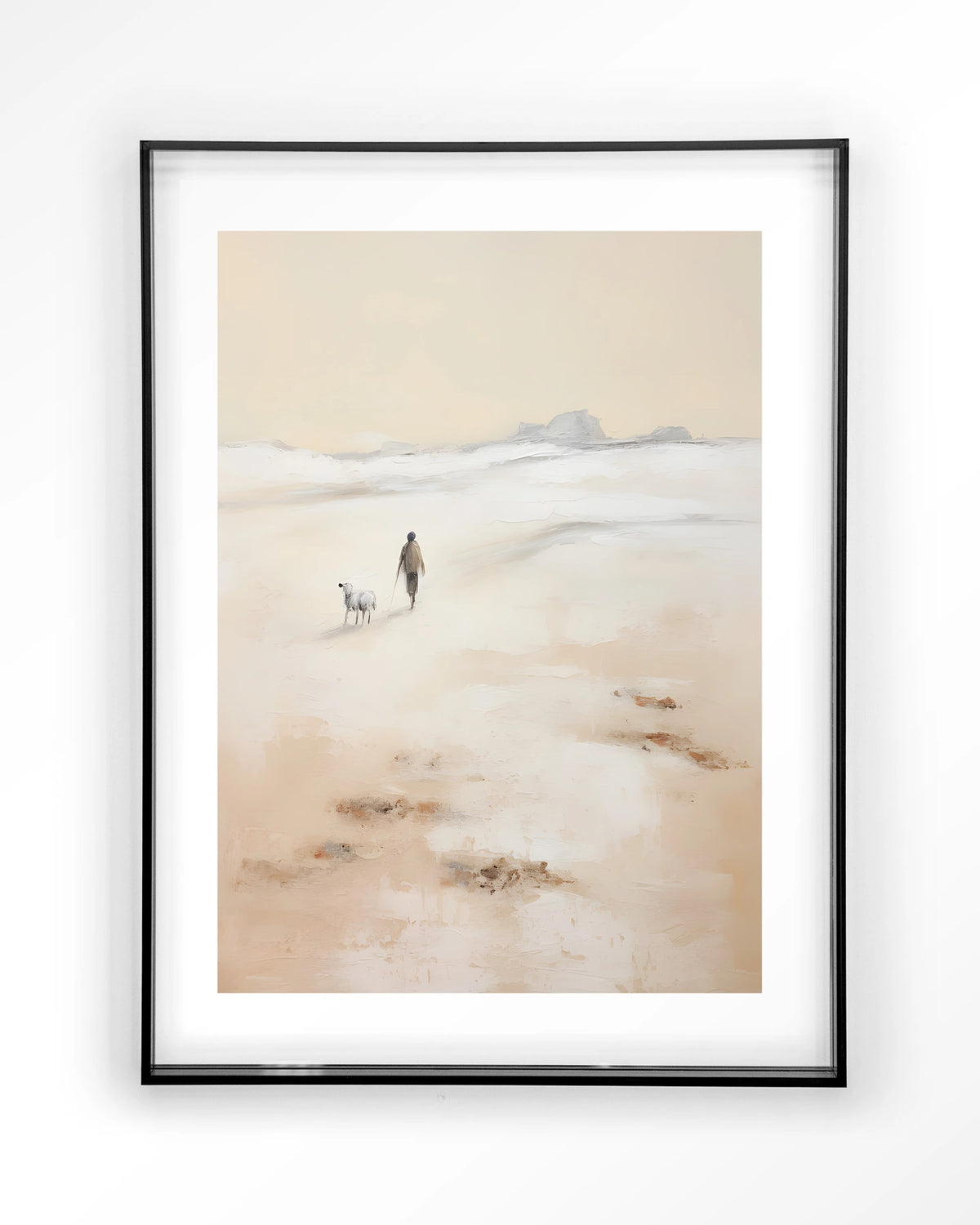 Shepherd Verticaal – herder met schaap op strand – Art print – Acryl zwart