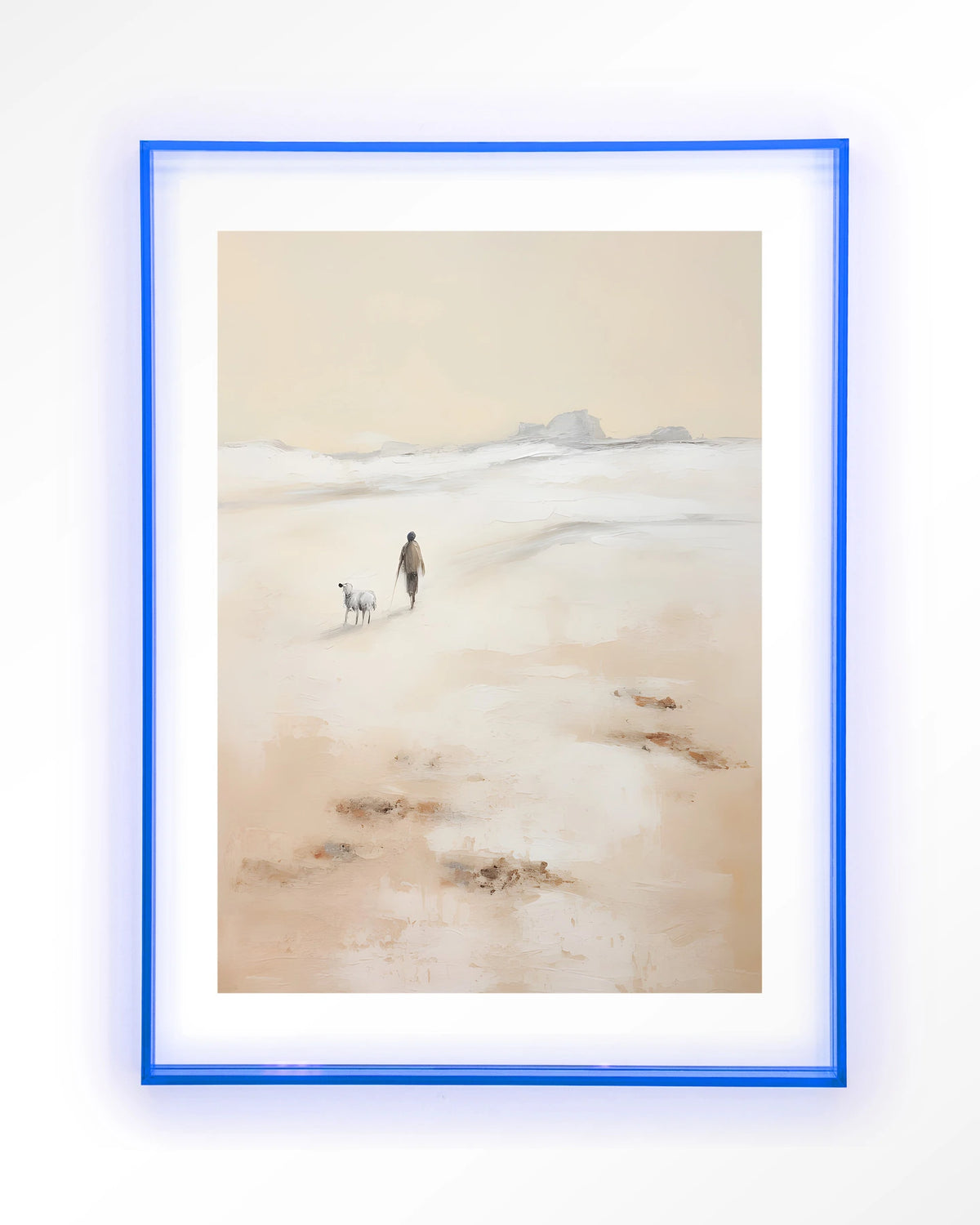 Shepherd Verticaal – herder met schaap op strand – Art print – Acryl lichtblauw