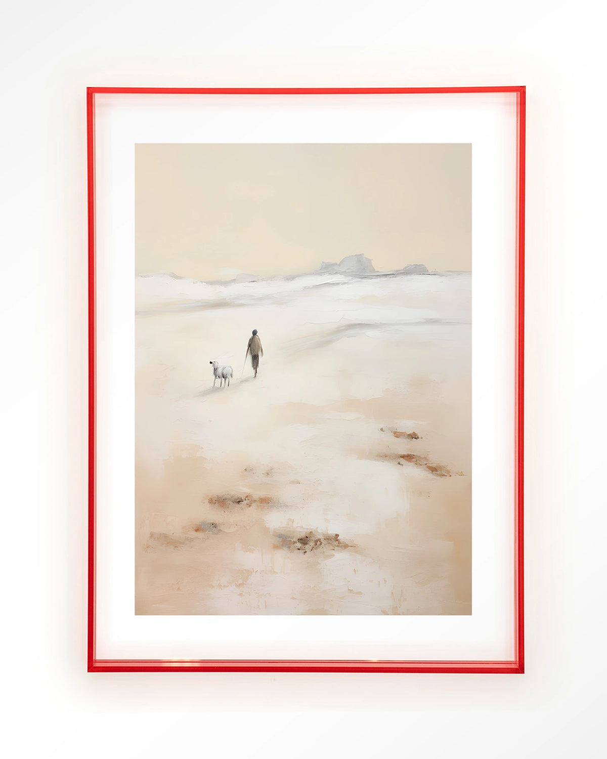 Shepherd Verticaal – herder met schaap op strand – Art print – Acryl roze