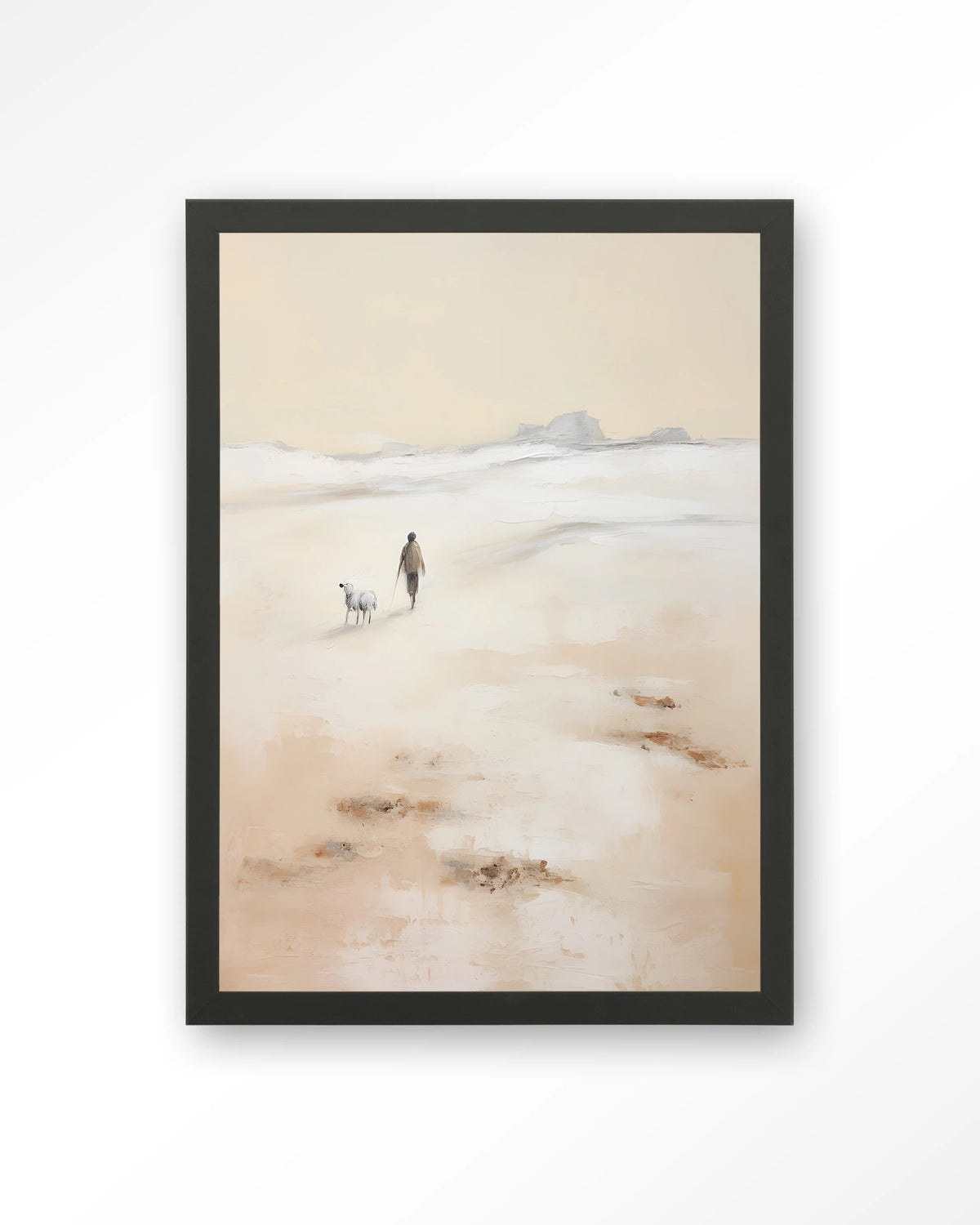 Shepherd Verticaal – herder met schaap op strand – Art print – Hout zwart