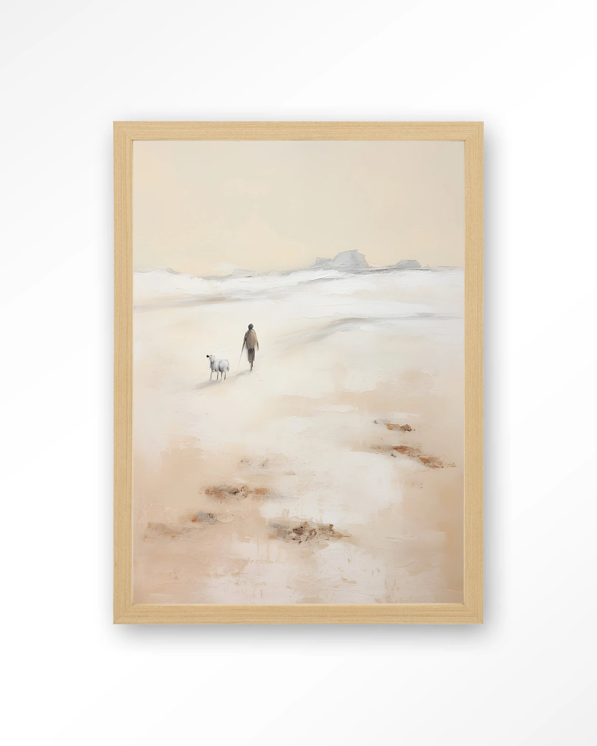 Shepherd Verticaal – herder met schaap op strand – Art print – Hout naturel