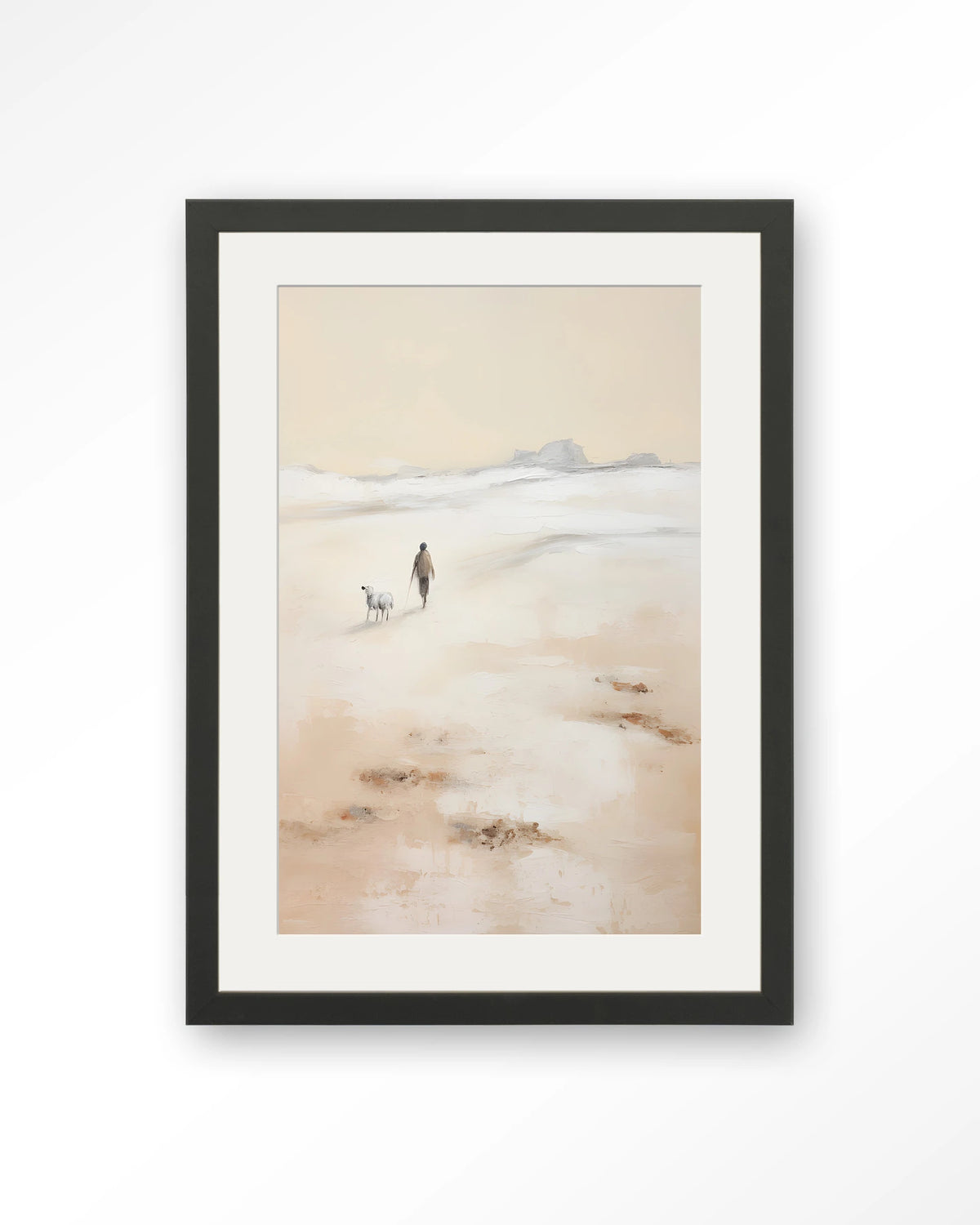 Shepherd Verticaal – herder met schaap op strand – Art print – Hout zwart + passe-partout