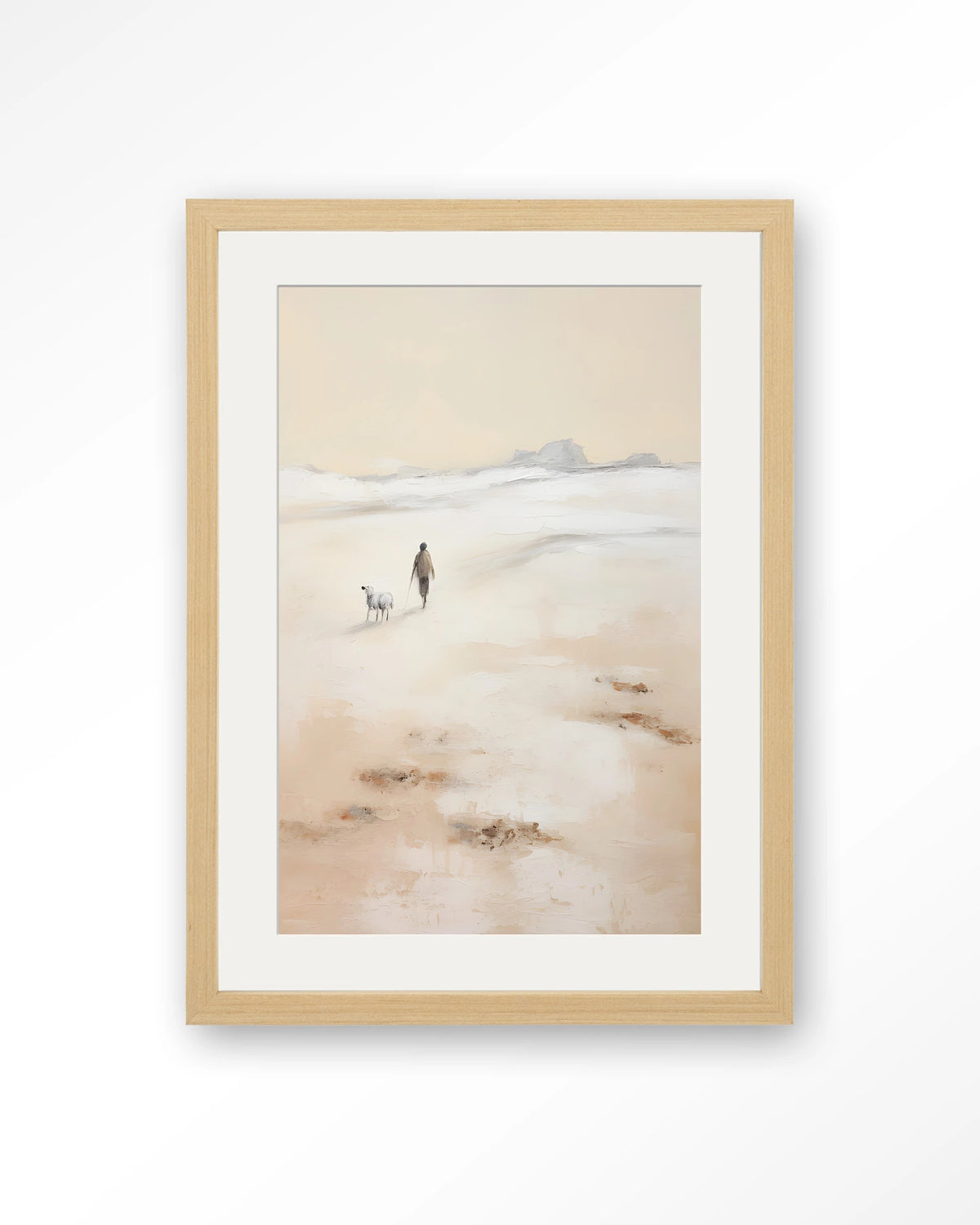 Shepherd Verticaal – herder met schaap op strand – Art print – Hout naturel + passe-partout