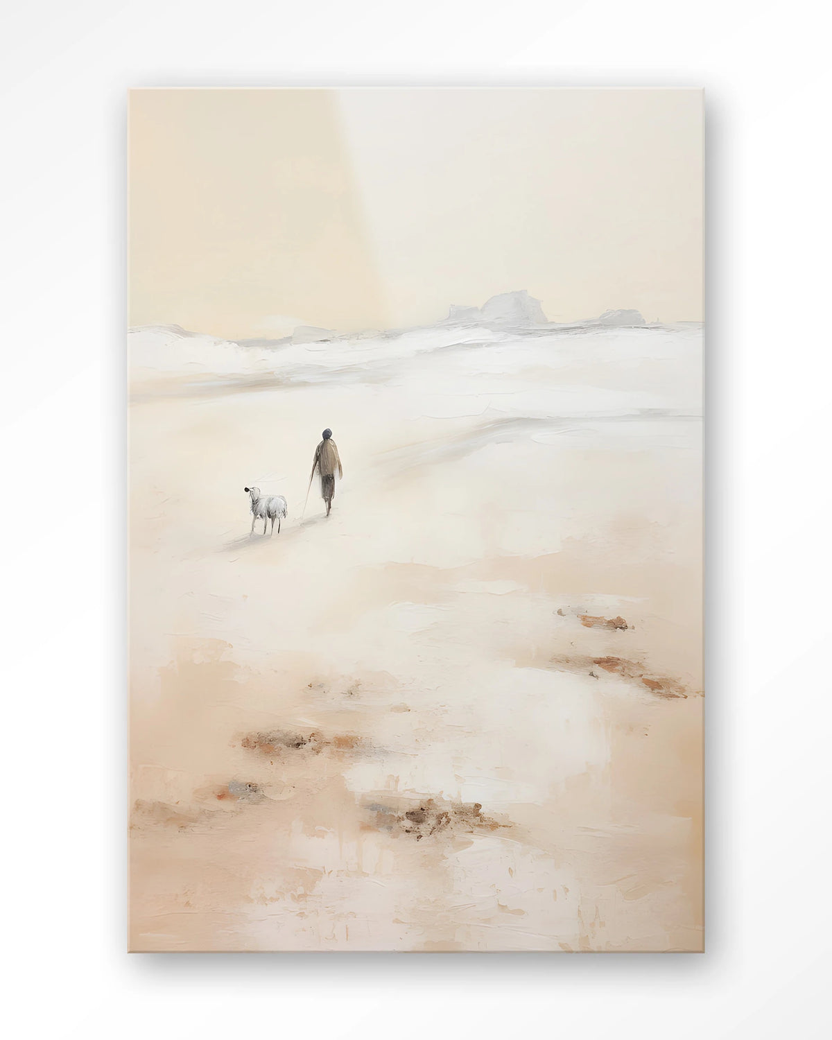 Shepherd Verticaal – herder met schaap op strand – Glas – Blinde montage