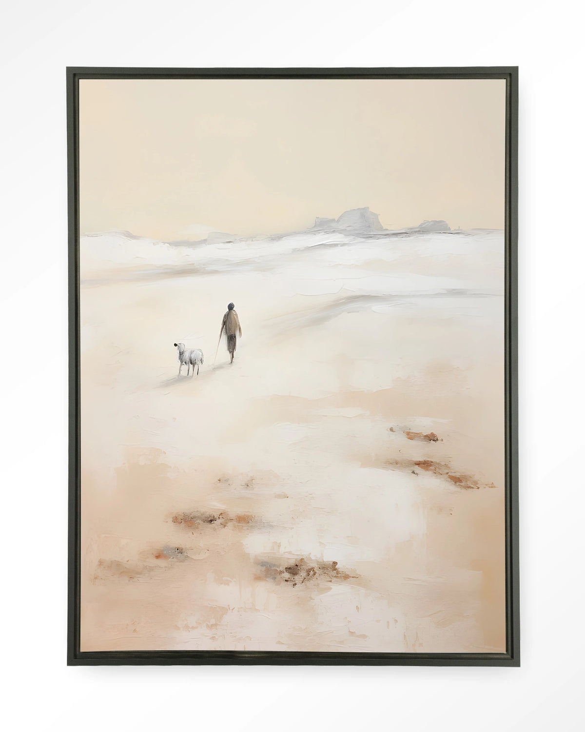 Shepherd Verticaal – herder met schaap op strand – Wandkleed – Floating frame – zwart