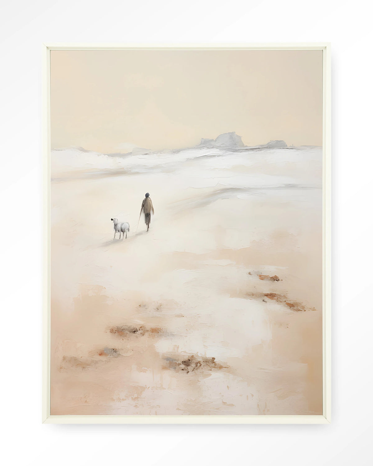 Shepherd Verticaal – herder met schaap op strand – Wandkleed – Floating frame – wit