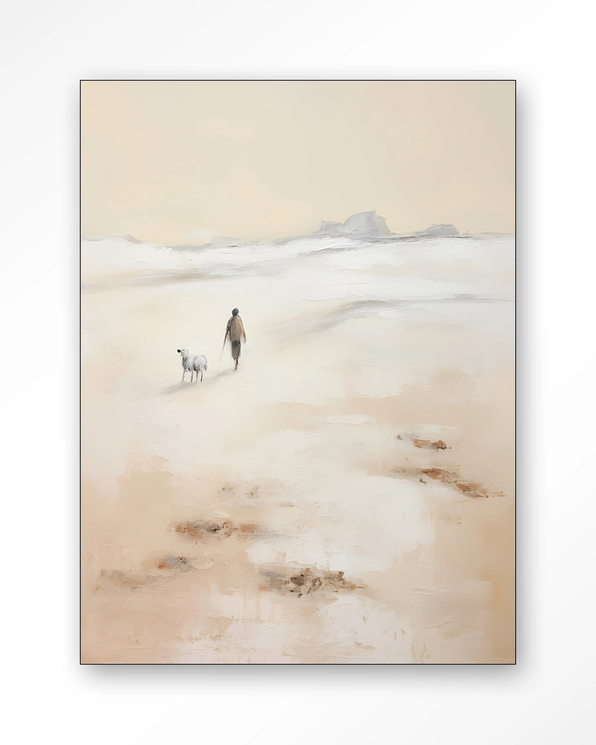 Shepherd Verticaal – herder met schaap op strand – Wandkleed – Frame – zwart