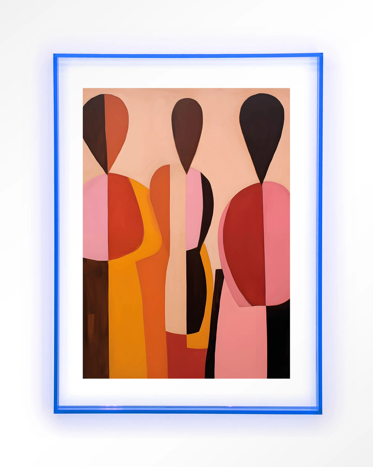 Silhouettes – abstracte figuren in roze en oranje – Art print – Acryl lichtblauw