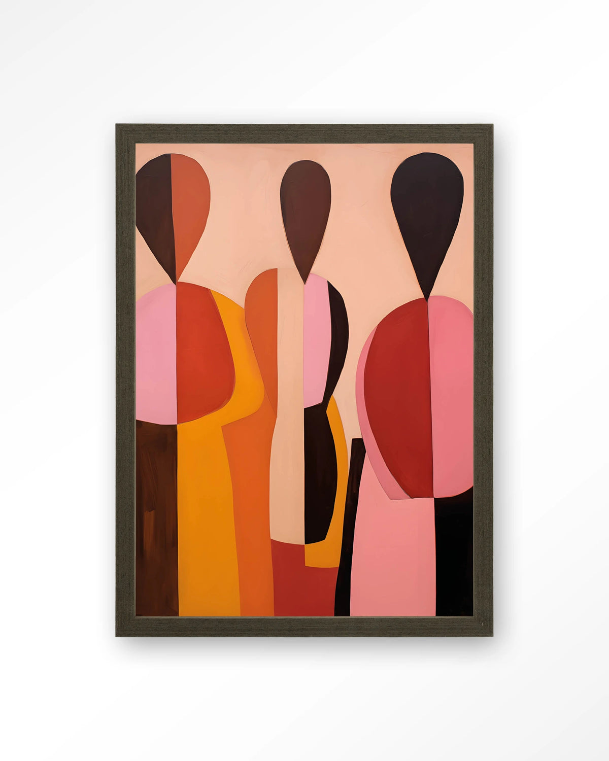 Silhouettes – abstracte figuren in roze en oranje – Art print – Hout donkerbruin