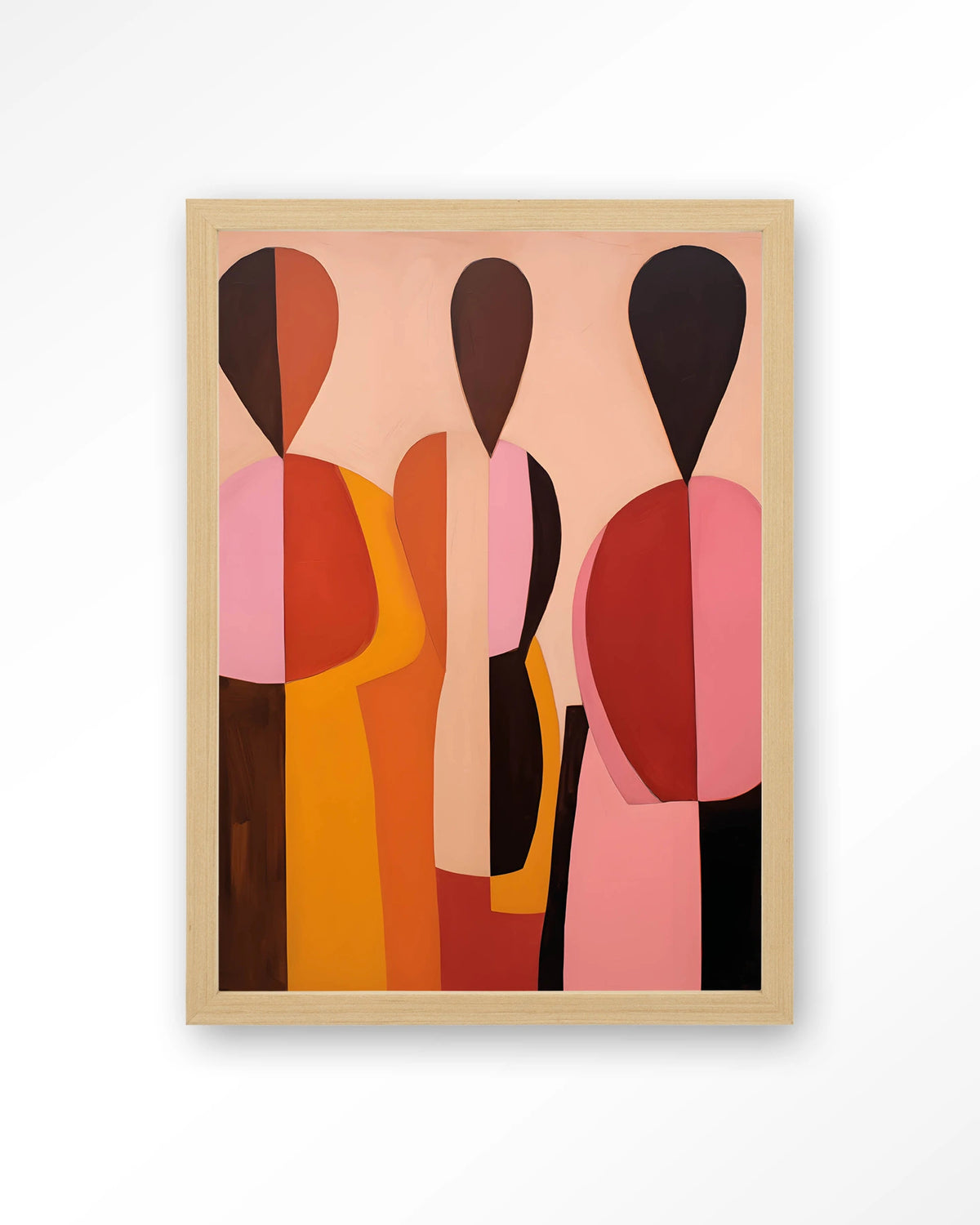 Silhouettes – abstracte figuren in roze en oranje – Art print – Hout naturel