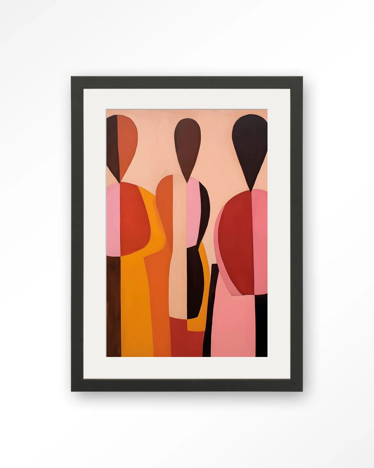 Silhouettes – abstracte figuren in roze en oranje – Art print – Hout zwart + passe-partout