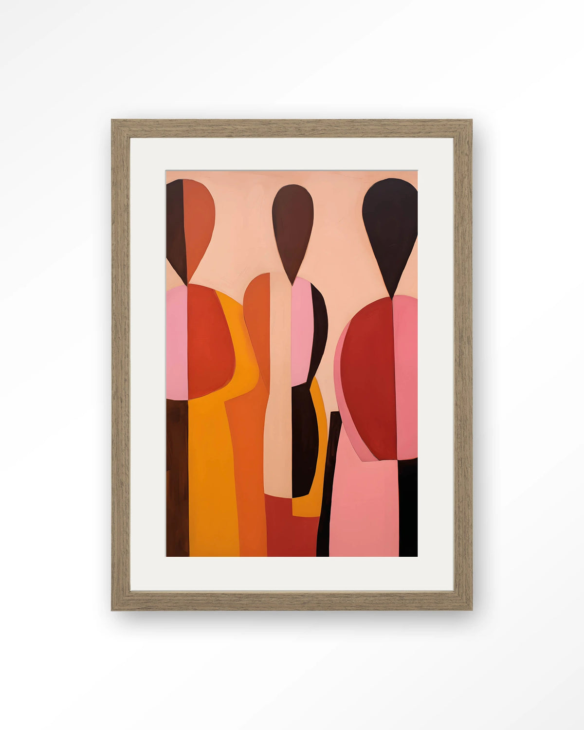 Silhouettes – abstracte figuren in roze en oranje – Art print – Hout bruin + passe-partout