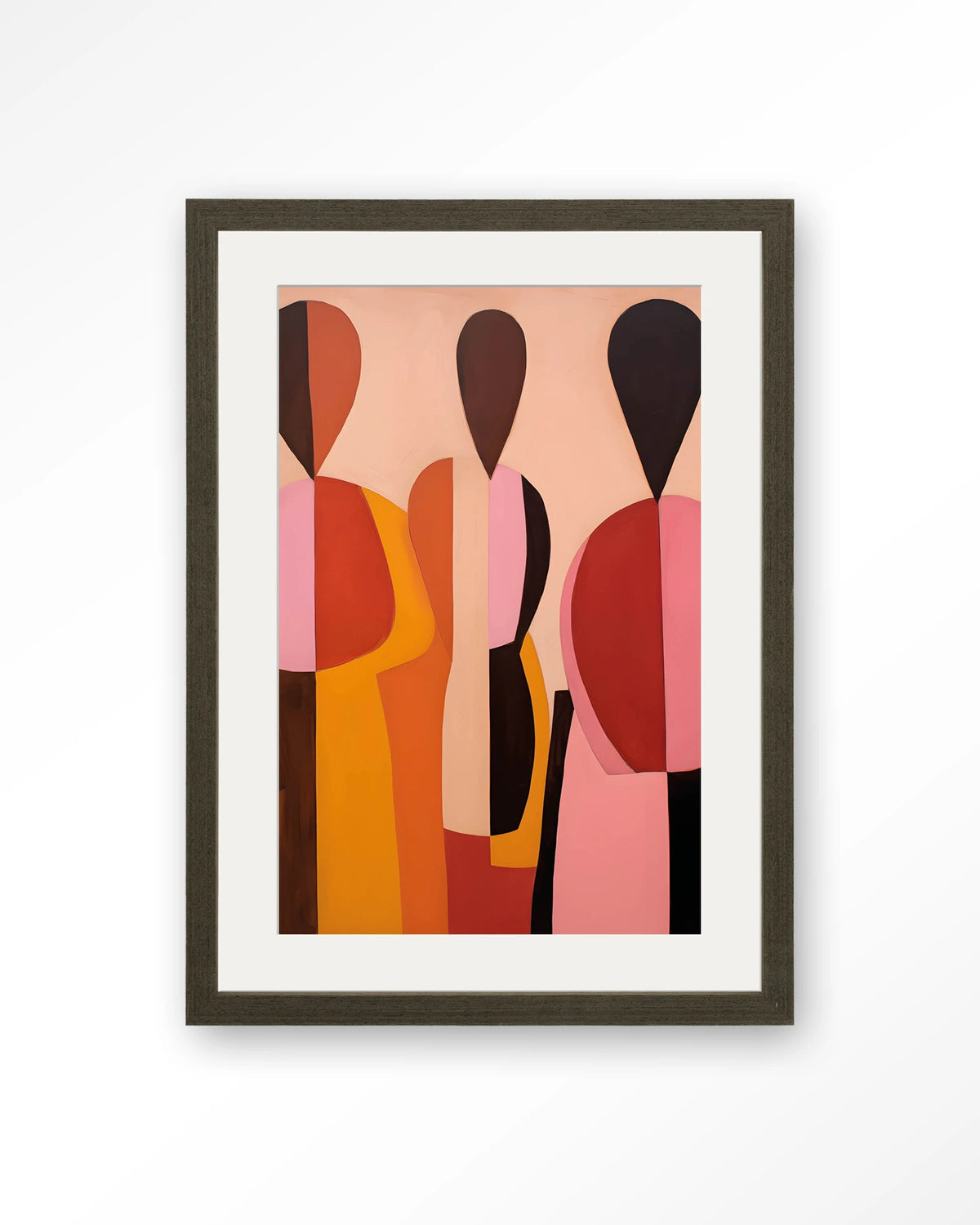 Silhouettes – abstracte figuren in roze en oranje – Art print – Hout donkerbruin + passe-partout