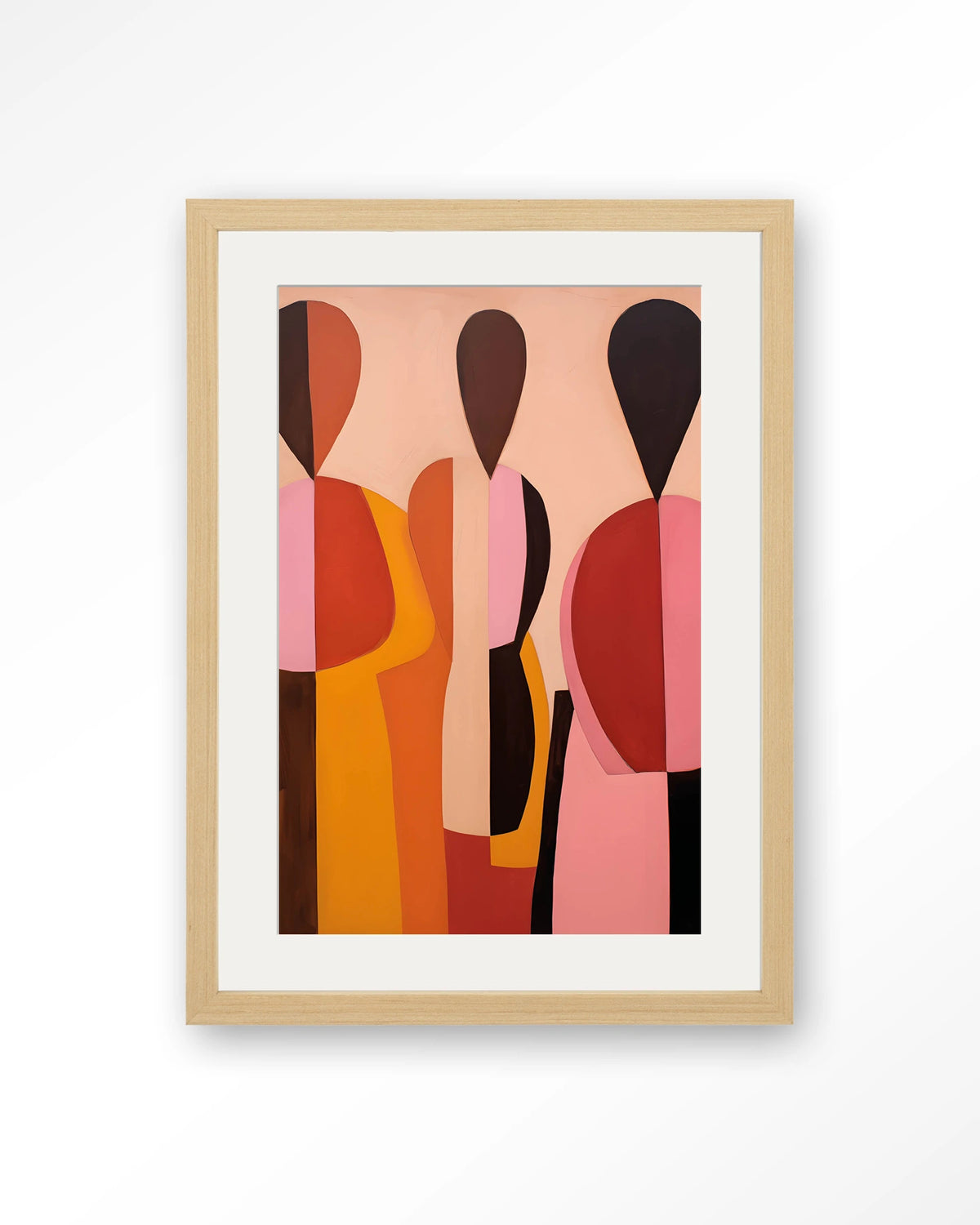 Silhouettes – abstracte figuren in roze en oranje – Art print – Hout naturel + passe-partout