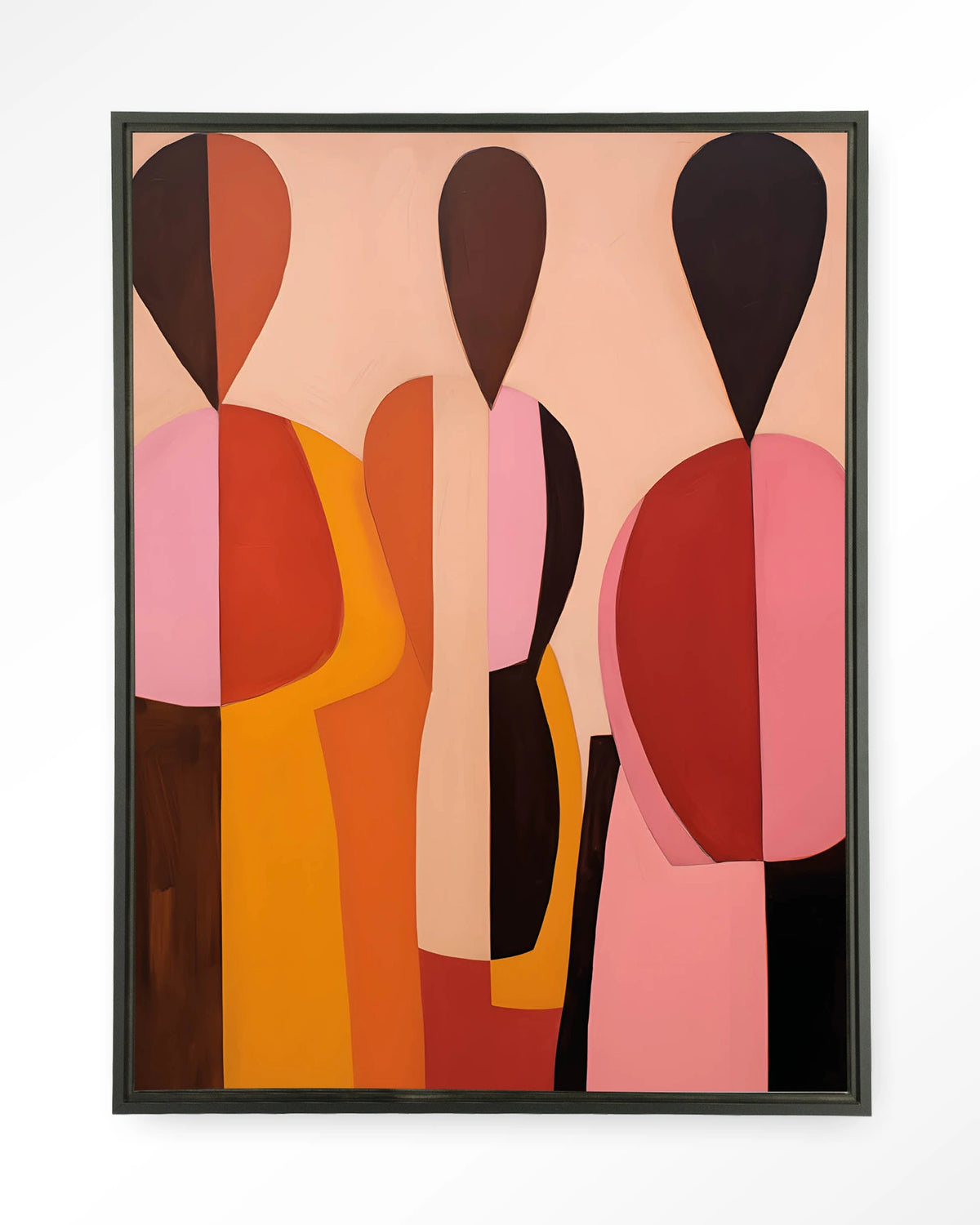 Silhouettes – abstracte figuren in roze en oranje – Wandkleed – Floating frame – zwart