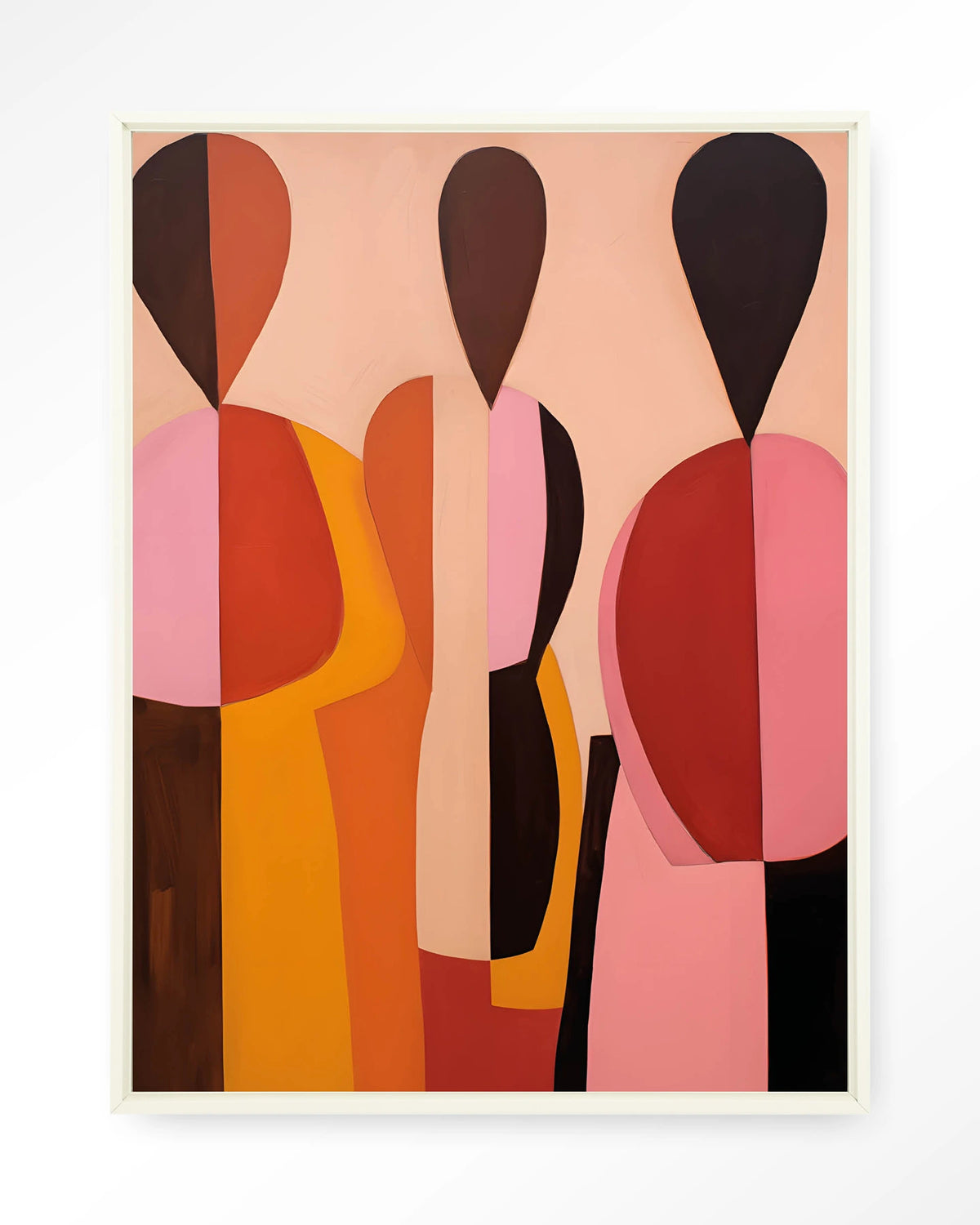 Silhouettes – abstracte figuren in roze en oranje – Wandkleed – Floating frame – wit