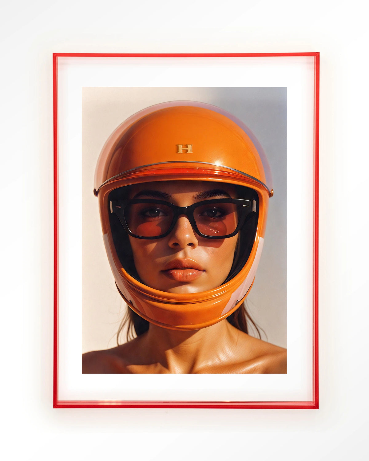 Hermes Helmet – vrouw met oranje helm – Art print – Acryl roze