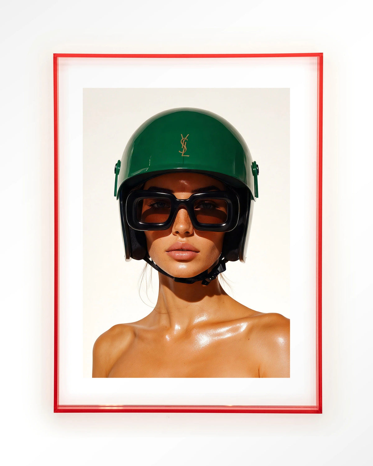 Saint Laurent Helmet – vrouw met groene helm – Art print – Acryl roze