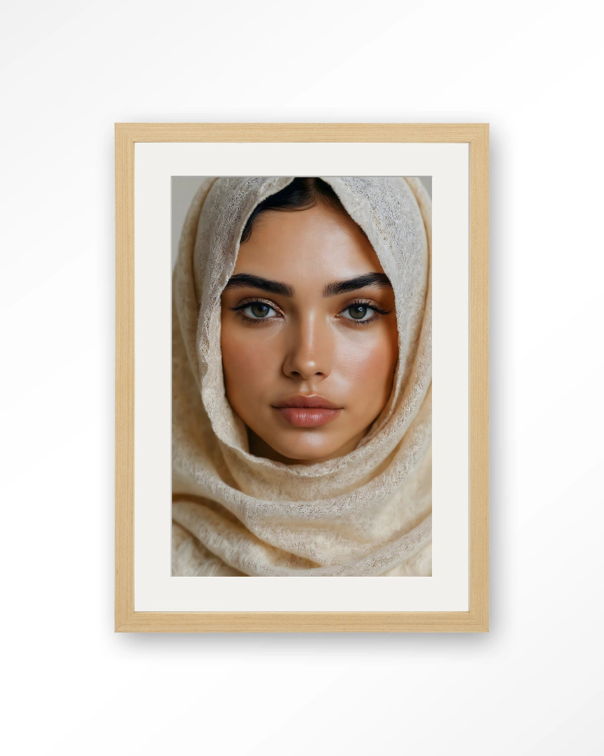 Sahara – vrouw met hoofddoek – Art print – Hout naturel + passe-partout