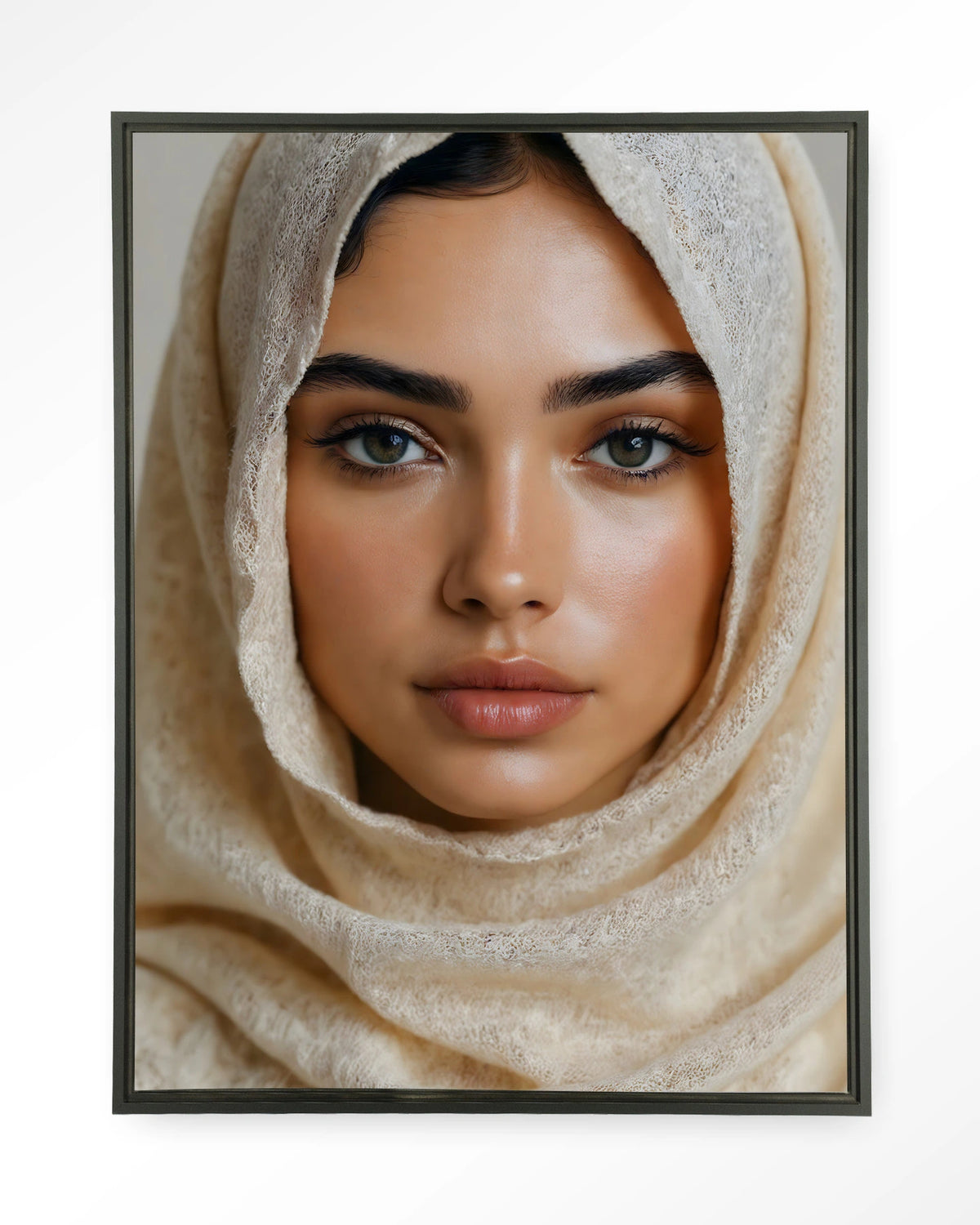 Sahara – vrouw met hoofddoek – Wandkleed – Floating frame – zwart