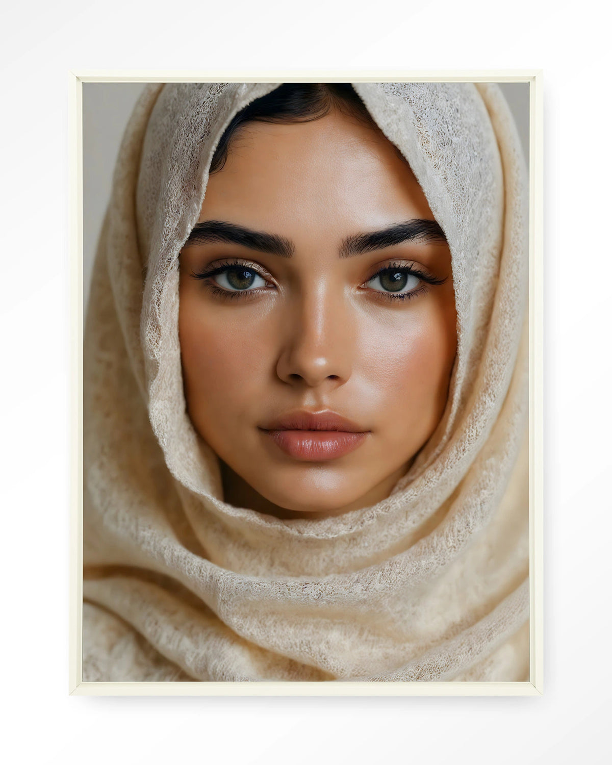 Sahara – vrouw met hoofddoek – Wandkleed – Floating frame – wit