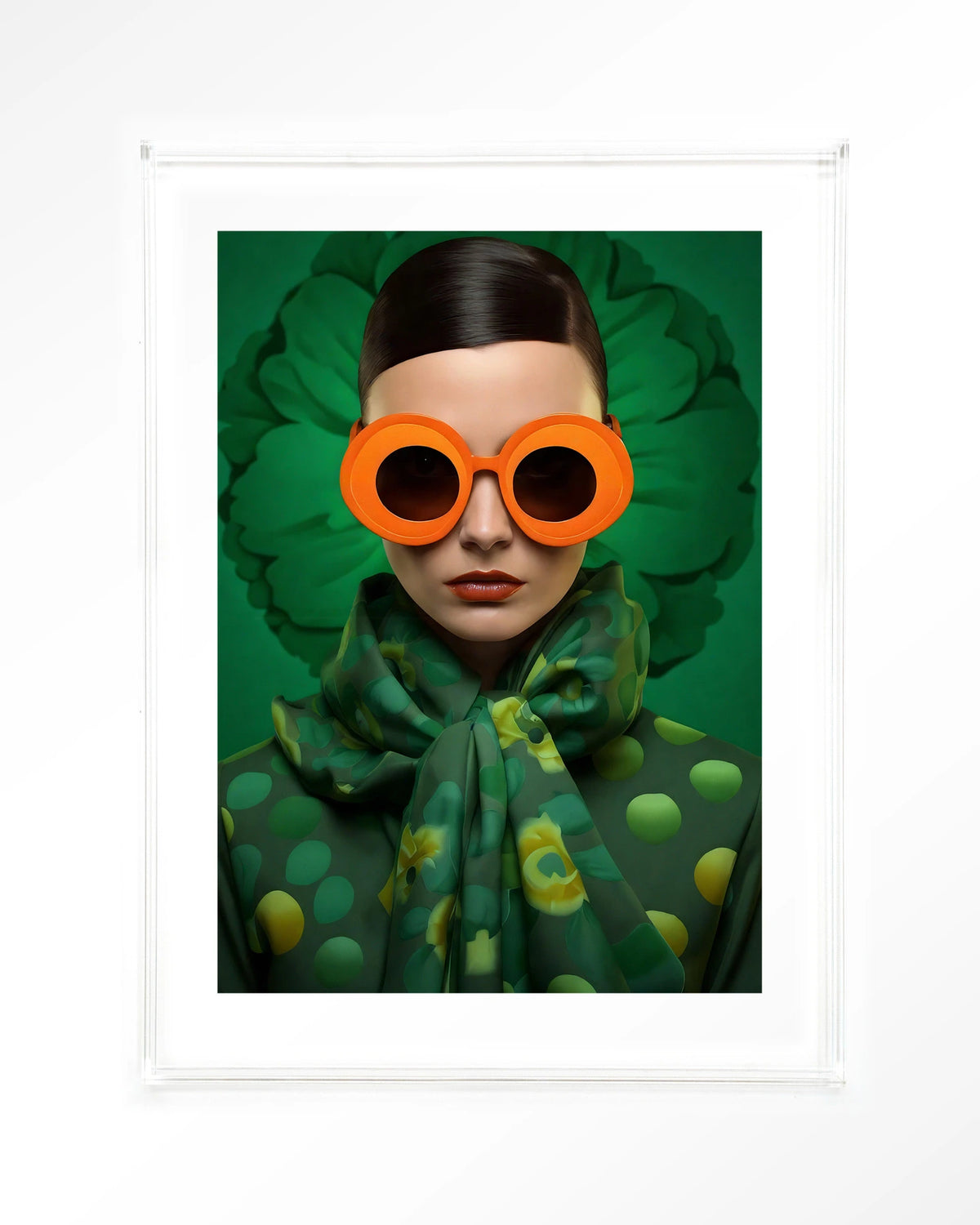 Green Flower – vrouw met oranje zonnebril op groen – Art print – Acryl doorzichtig