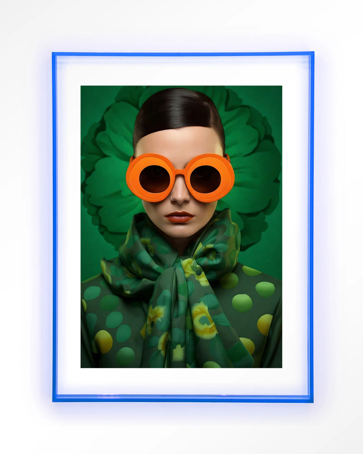 Green Flower – vrouw met oranje zonnebril op groen – Art print – Acryl lichtblauw