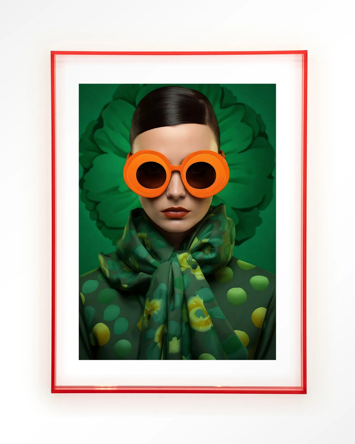 Green Flower – vrouw met oranje zonnebril op groen – Art print – Acryl roze