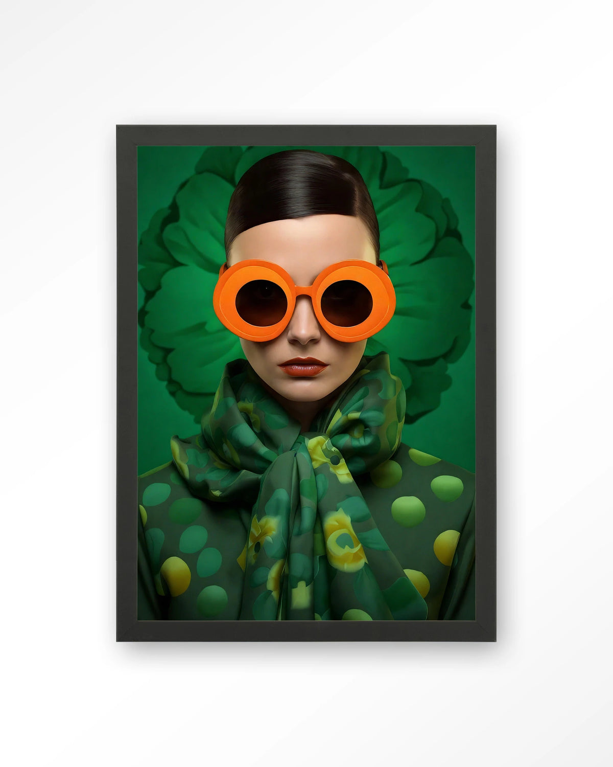 Green Flower – vrouw met oranje zonnebril op groen – Art print – Hout zwart