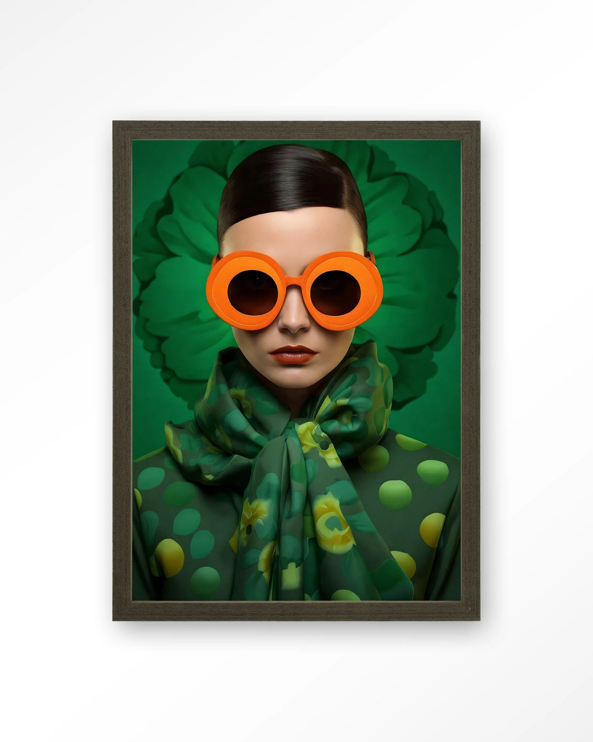 Green Flower – vrouw met oranje zonnebril op groen – Art print – Hout donkerbruin