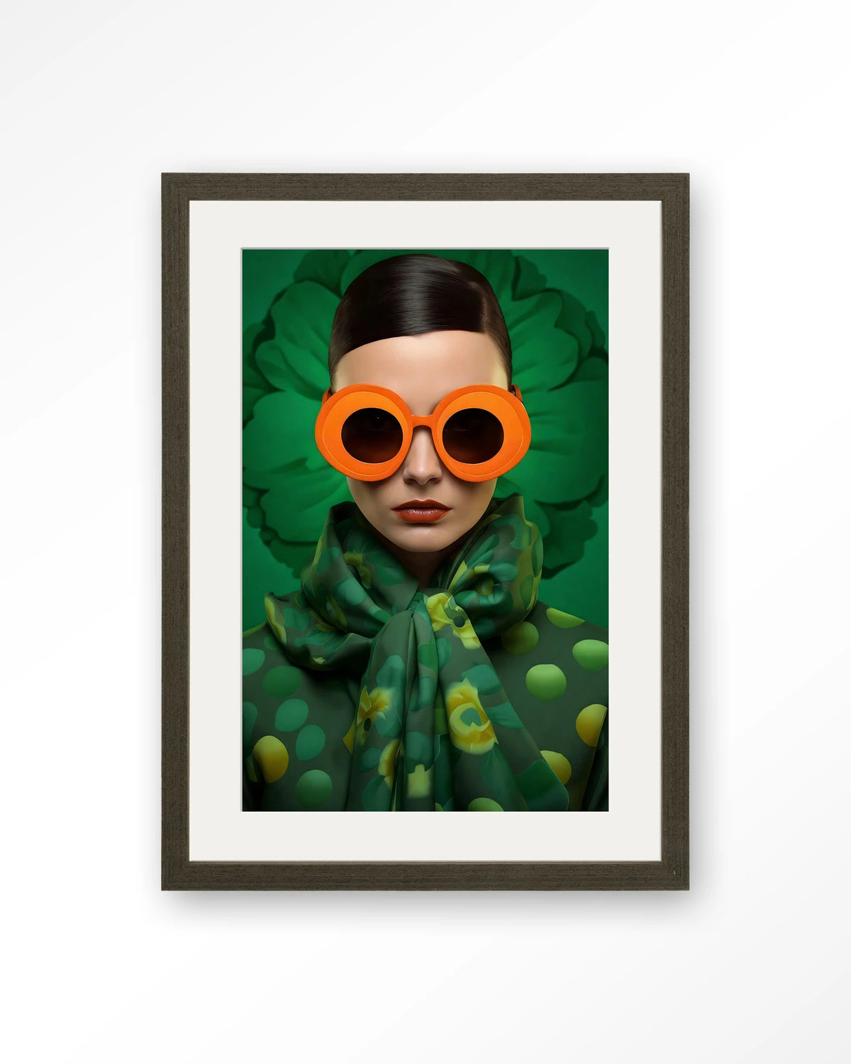 Green Flower – vrouw met oranje zonnebril op groen – Art print – Hout donkerbruin + passe-partout