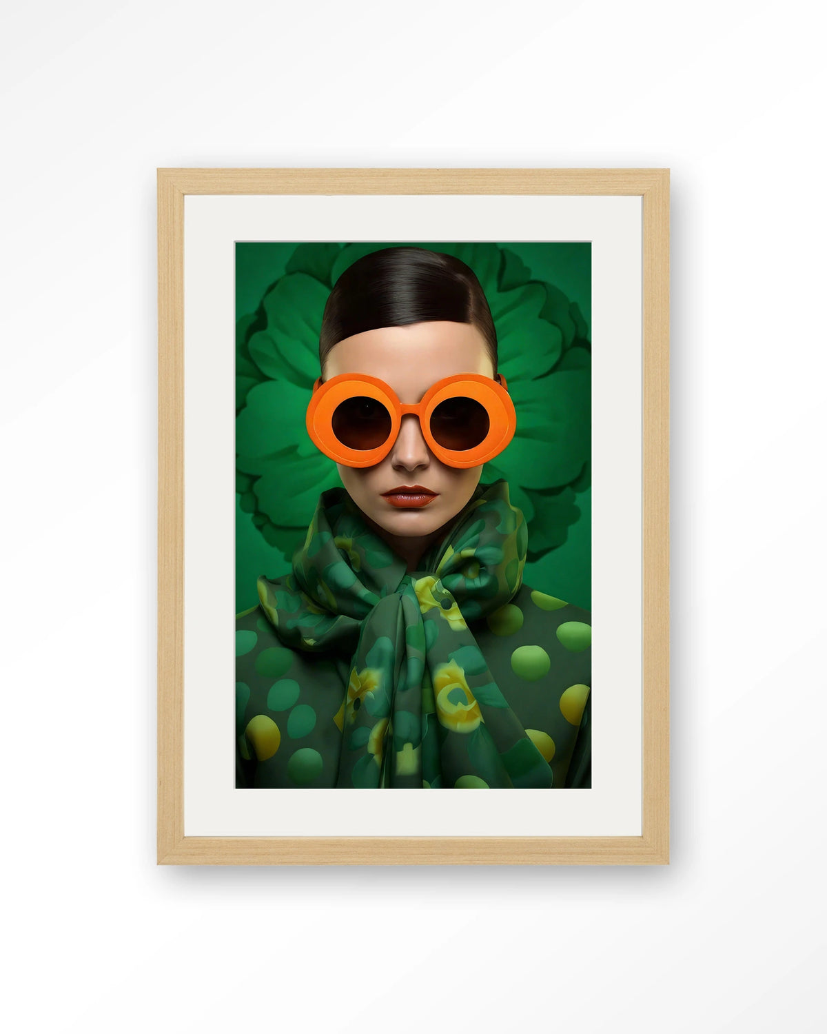 Green Flower – vrouw met oranje zonnebril op groen – Art print – Hout naturel + passe-partout